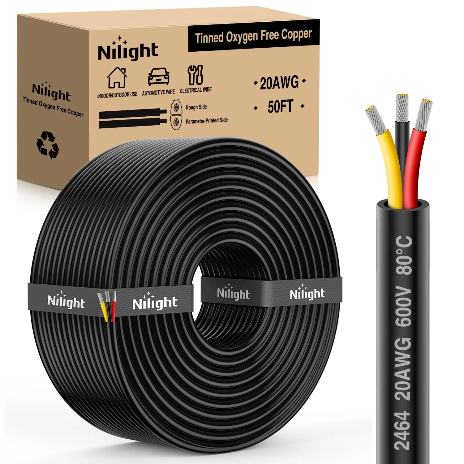 Nilight 50FT 20AWG 3 Conductor Electrical Wire Tinned Oxygen Free Copper Red Black Yellow 3 Wires Parallel 600V DC Flexible PVC Case Extension Cords for LED Strips Lamps Lighting, Conductive, Better Conductivity