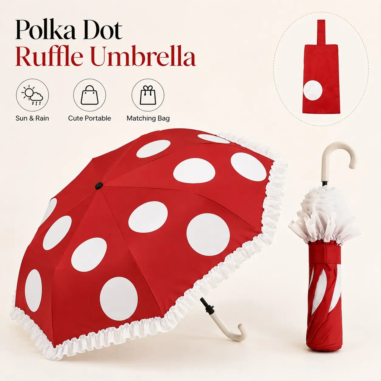 Cute Polka Dot Umbrella for Women, Rain & Sun Protection, Folding Portable, Stylish Ruffle Edge, Gift Idea, Travel Anti UV, Wind Resistant, Lightweight Waterproof Umbrella
