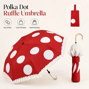 Cute Polka Dot Umbrella for Women, Rain & Sun Protection, Folding Portable, Stylish Ruffle Edge, Gift Idea, Travel Anti UV, Wind Resistant