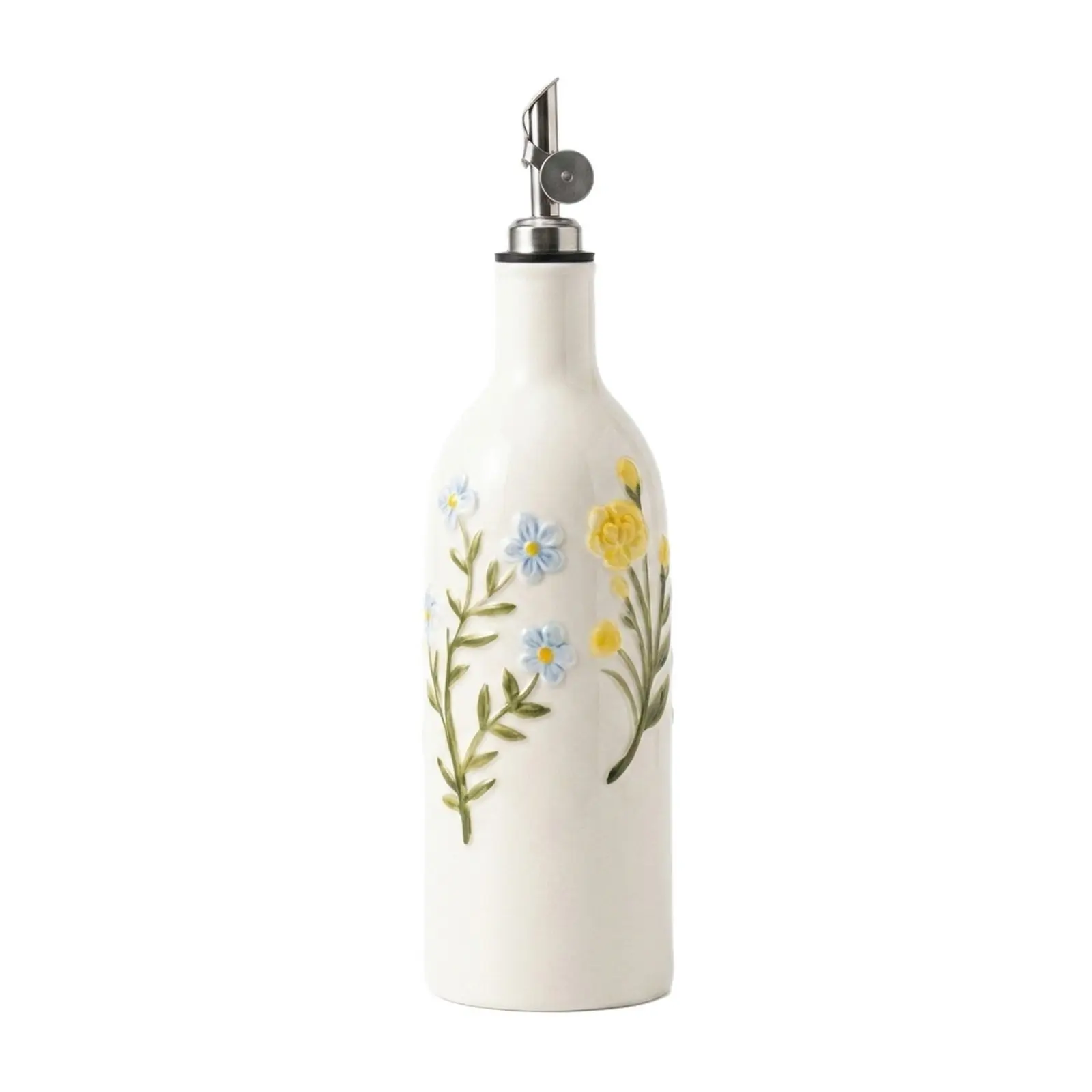 Rustic Wildflower Ceramic Oil Bottle, Automatic Flip Lid, Adjustable Spout, Ideal for Salad Dressing & Daily Cooking
