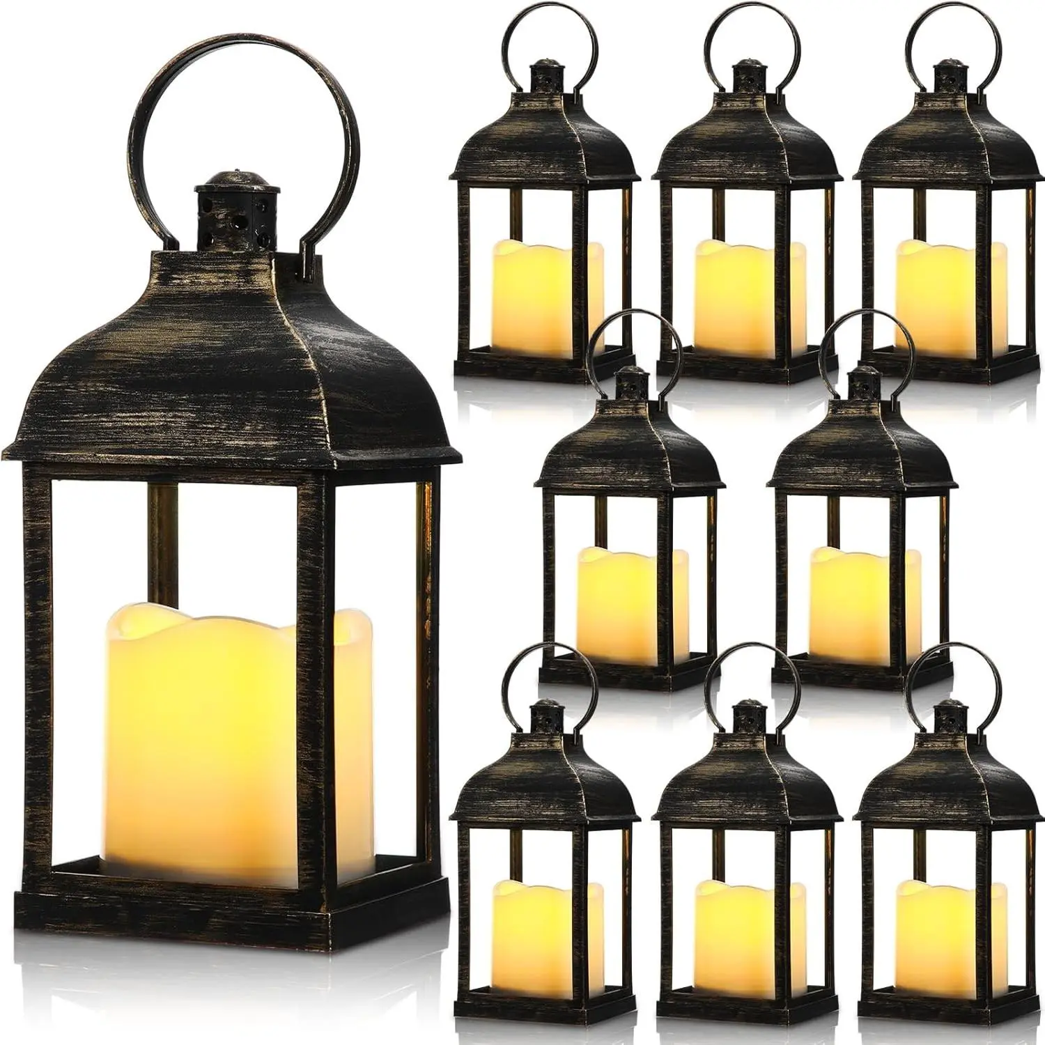 10-Inch Dark Bronze Finish Hanging Lanterns Bulk Set (8 Pcs) with LED Flameless Candles, Lightweight Plastic for Wedding Party & Indoor-Outdoor Events