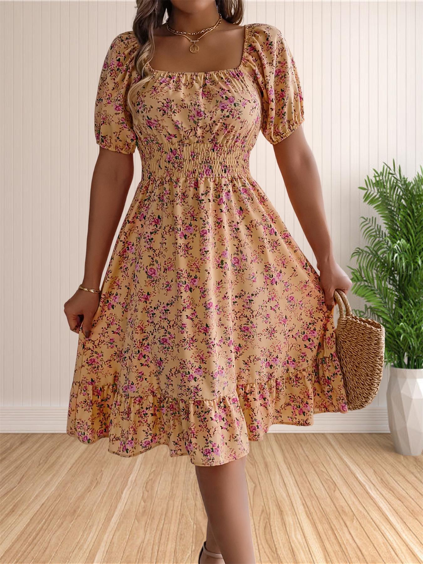 Women's Ditsy Floral Print Shirred Ruffle Hem Dress, Boho Fashion Square Neck Puff Sleeve Dress for Holiday, Daily and Casual Wear, Ladies Dress for Summer, Cute