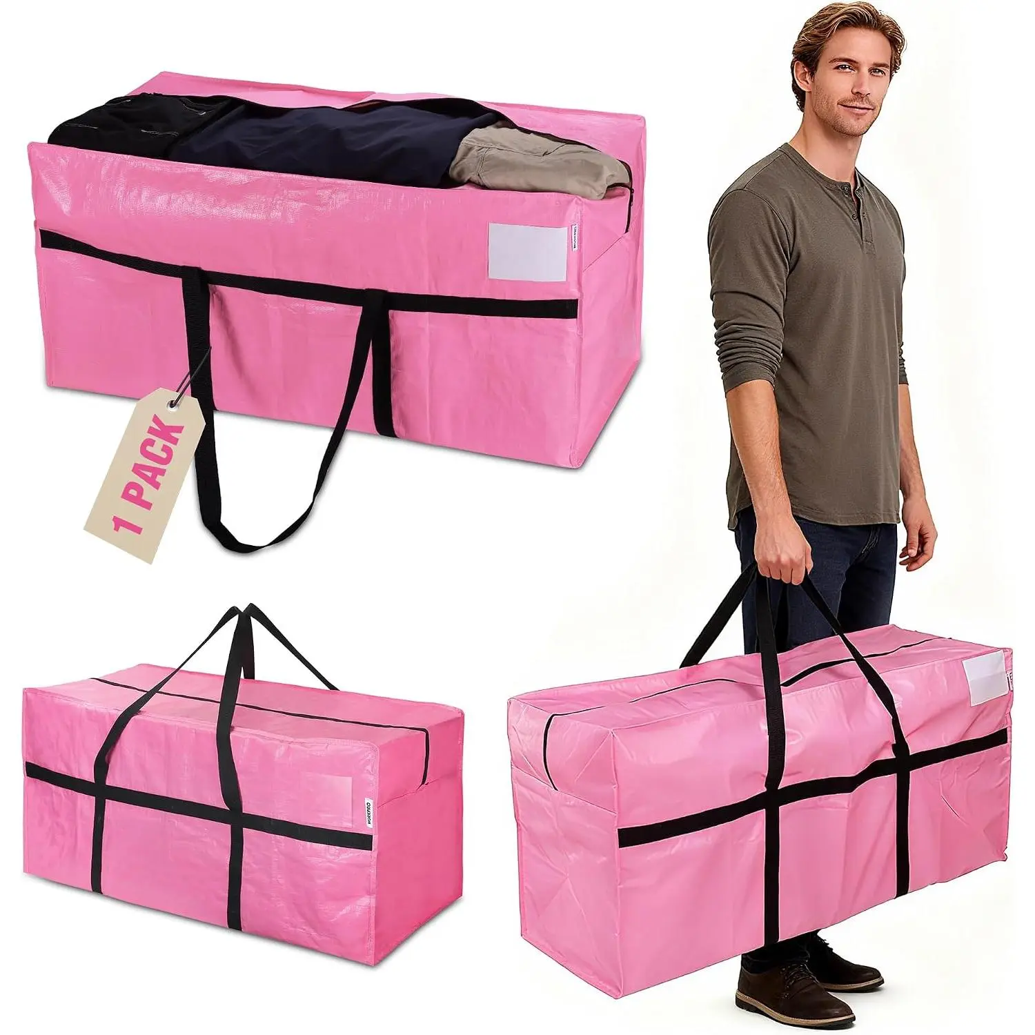 1-Pack 66 Gallon Large Moving Bag with Zipper & Carry Handles| Duty, 110 lbs Capacity, Large, Zipper, Carry Handles for Moving, Dorm & Home Organization