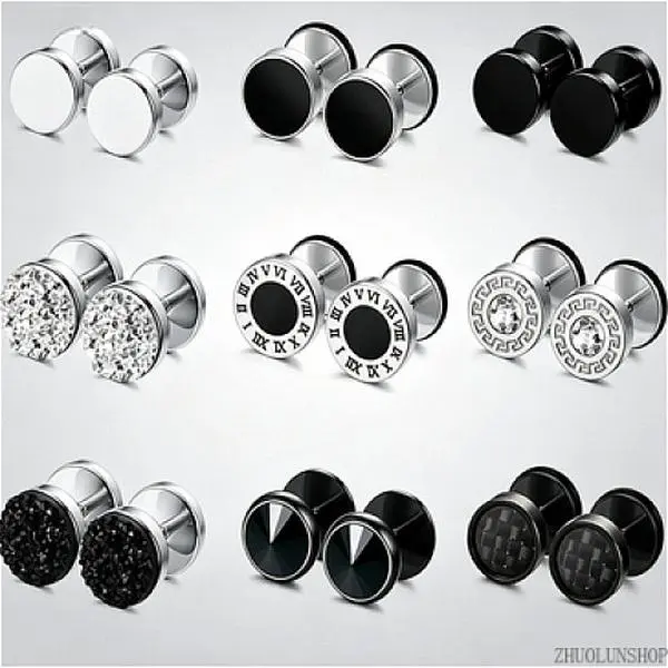 Unisex Stainless Steel Round Fake Gauge Stud Earrings - Mixed Colors, Multiple Sets, Faux Cheater Plug Ear Tunnel, Punk Fashion Piercing Jewelry, Daily Wear Non-Natural Crystal Accessory