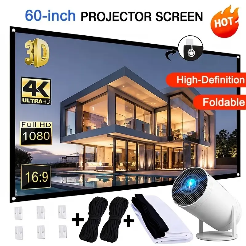 60 Inch Ultra HD 16:9 Portable Projection Screen, Wrinkle-Free Foldable Design, Includes Storage Bag & Hanging Rope, Ideal for Home/outdoor Use
