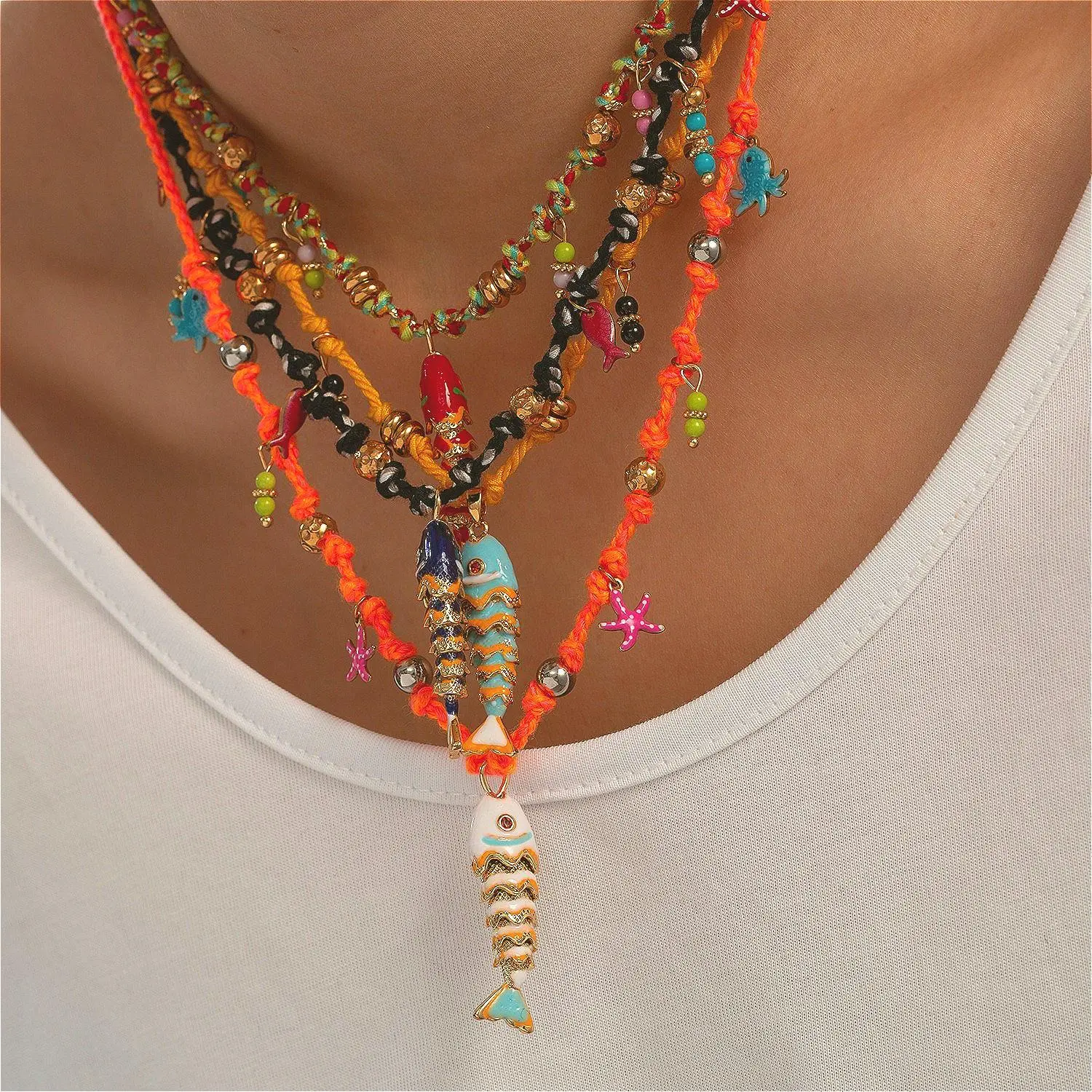 Women's Handmade Cotton Rope Woven Folk Bead Necklace - Colorful Dripping Oil Small Fish Design, 70s Bohemian, Coastal Bohemian, Hawaii Style, Handmade Embellished, Ideal for Birthday, Daily Wear, 70S Bohemian Necklaces, Coastal Bohemian Necklaces