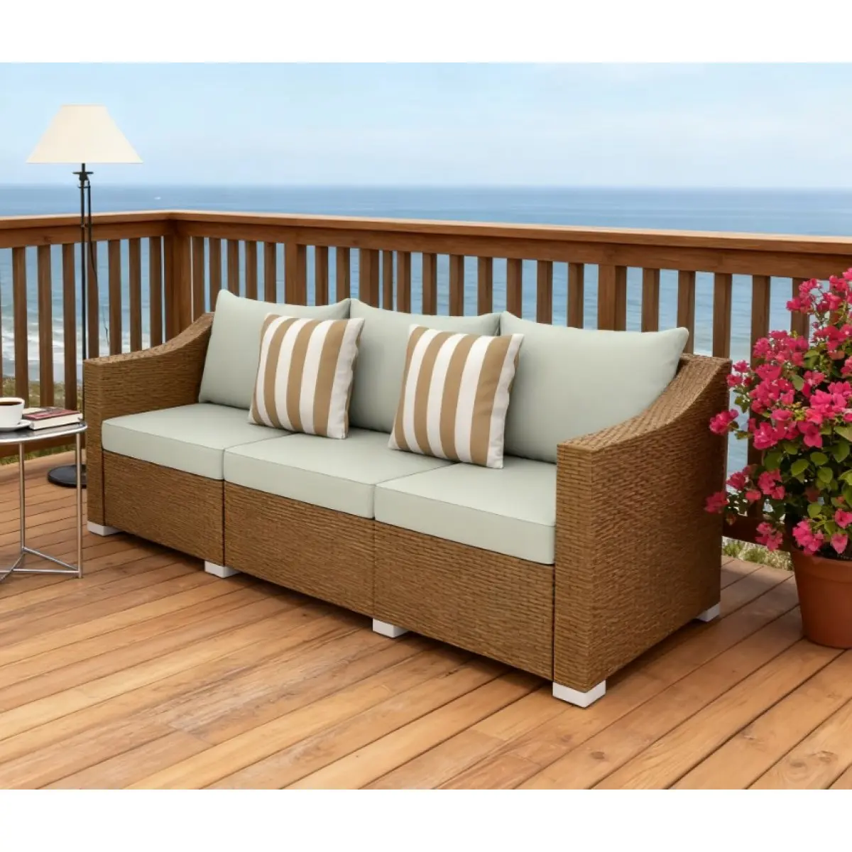 Aobtkel 3-Seat All-Weather Rattan Wicker Patio Couch - Outdoor Sofa Furniture with Cushions, Throw Pillows, Easy Setup, Neutral Tone