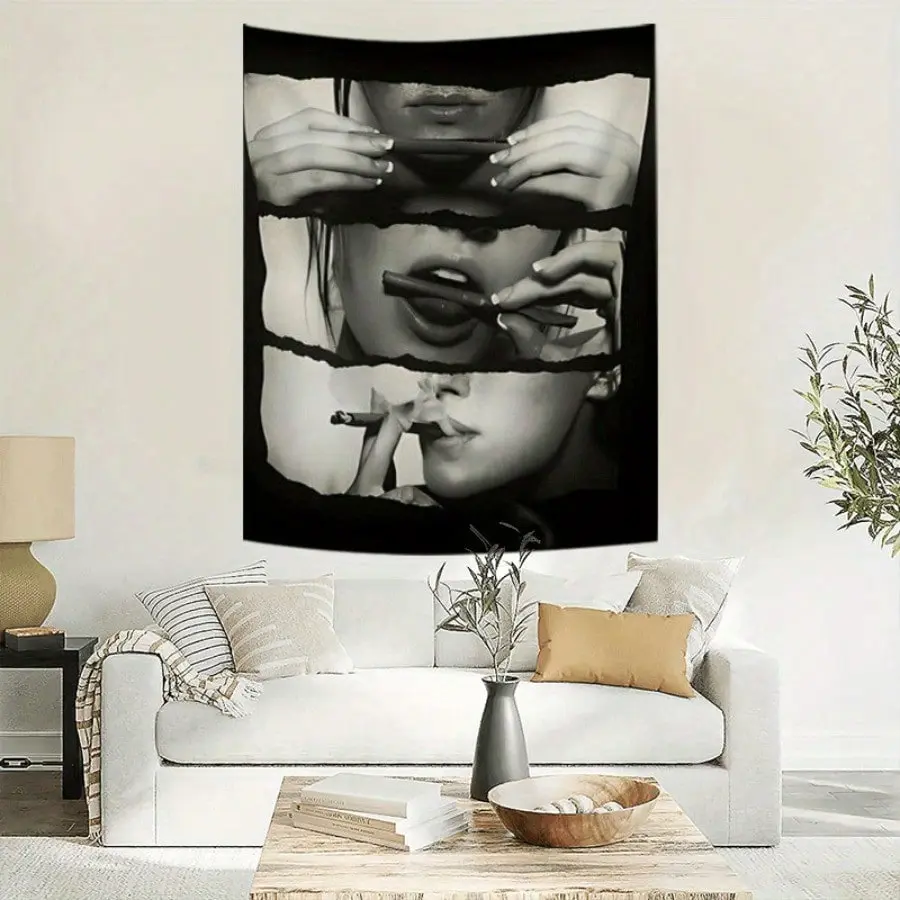 Decorative Polyester Wall Tapestry - Modern Artistic Smoking Lips Print, Durable Machine Washable Fabric with Stitched Edge, Wall Mounted Indoor Decor for Bedroom, Living Room - Ideal Gift for Friends