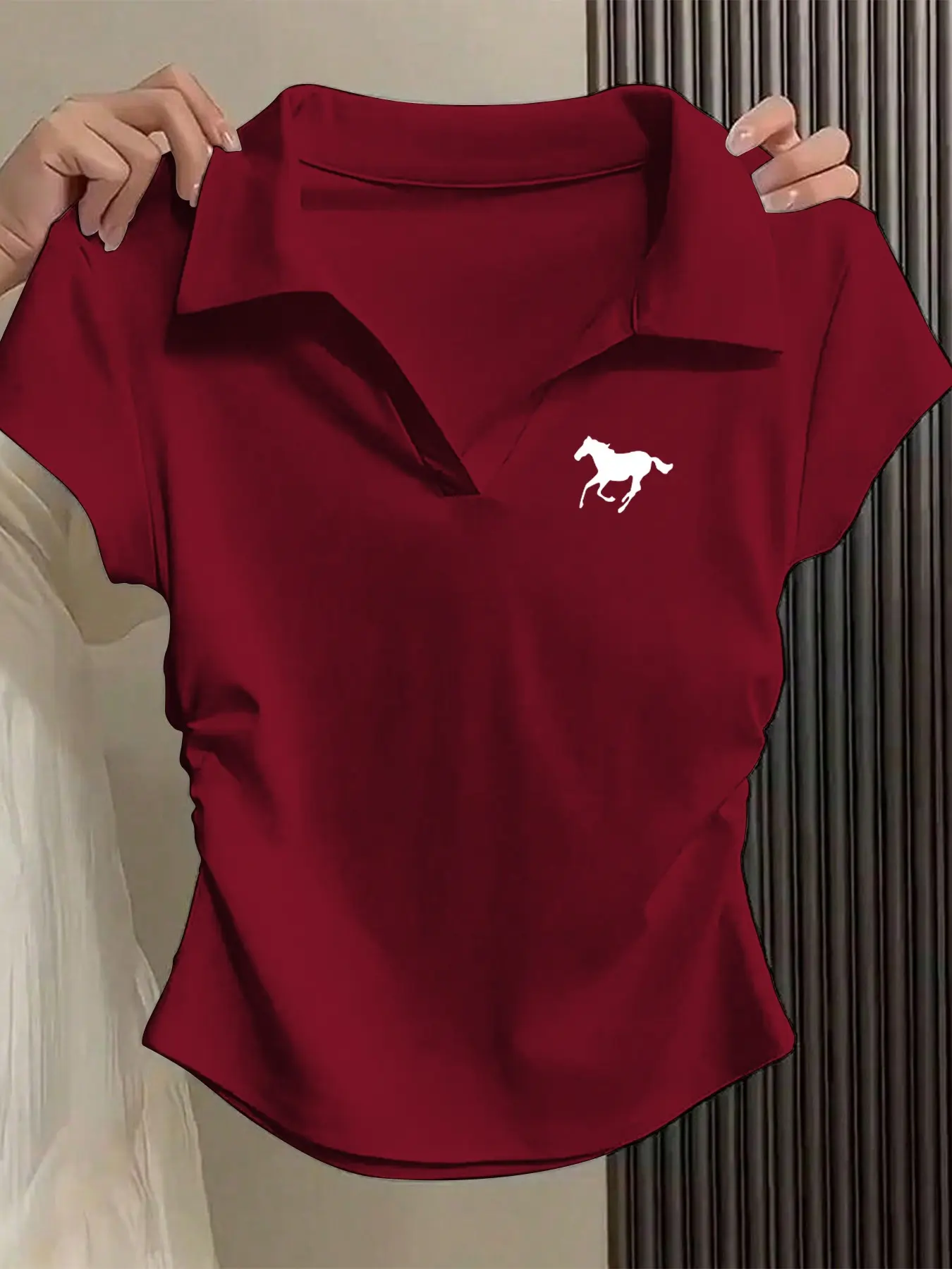 Women's Polo Shirt, Collared, Collared Top, Short Sleeve, Slim Fit, Horse Print, Elastic Fabric, Collar Design, Casual Polo Shirts, Casual Everyday Wear, Fashionable Women's Clothing, Womenswear