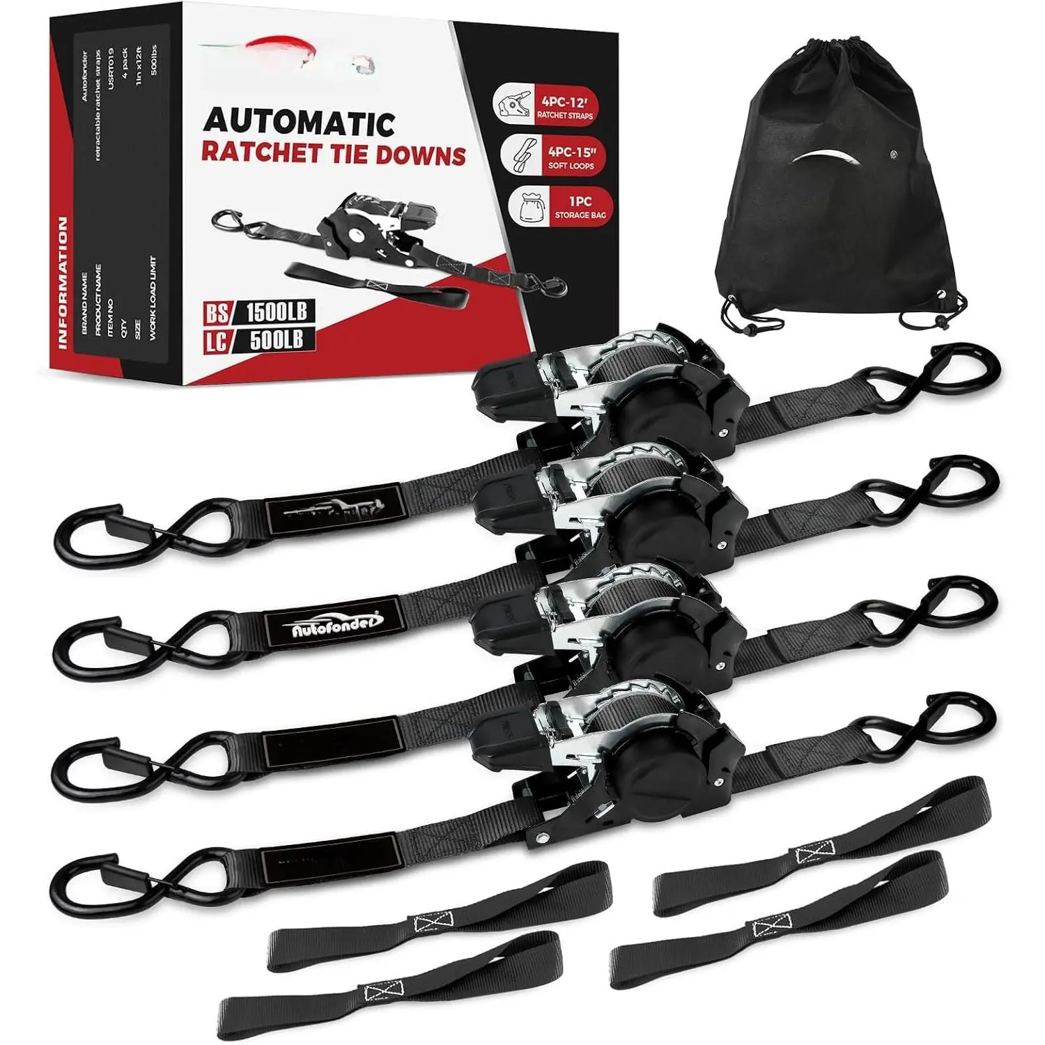 Heavy Duty Retractable Ratchet Straps Set - 1in x 12ft 4-Pack Black, 1500lb Break Strength, Auto Self-Retracting, Padded Handle, for ATV/UTV Beds & Cargo Tie Down, Safety S-Hook