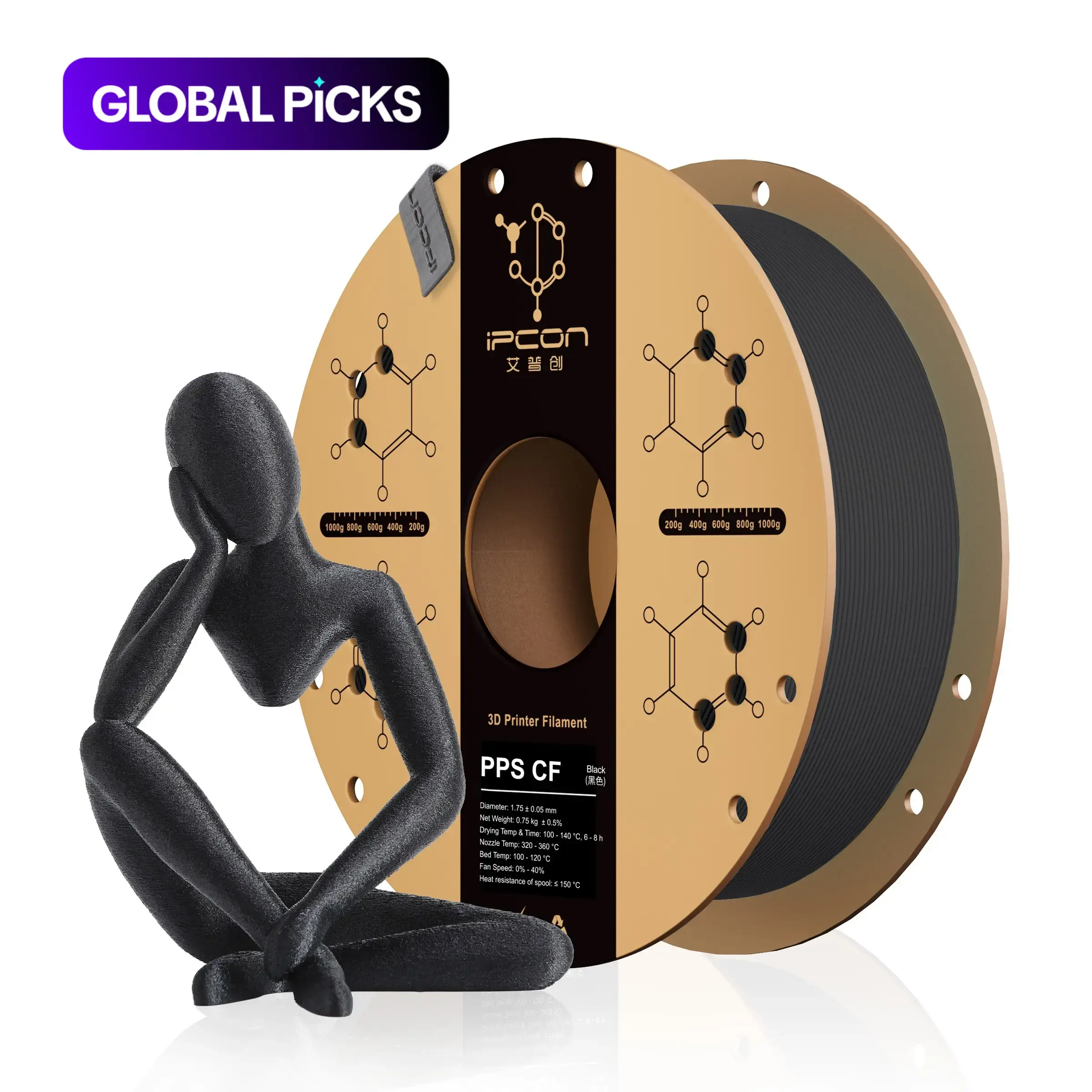 iPCON PPS CF 3D Printing Filament, 750g Carbon Fiber Strengthened PPS Filament, Optimized Interlay Bonding & Automatic Filament Refill PPS-CF, Water & Chemical Resistant, High Rigidity & Heat Resistant PPS CF for Industrial Components