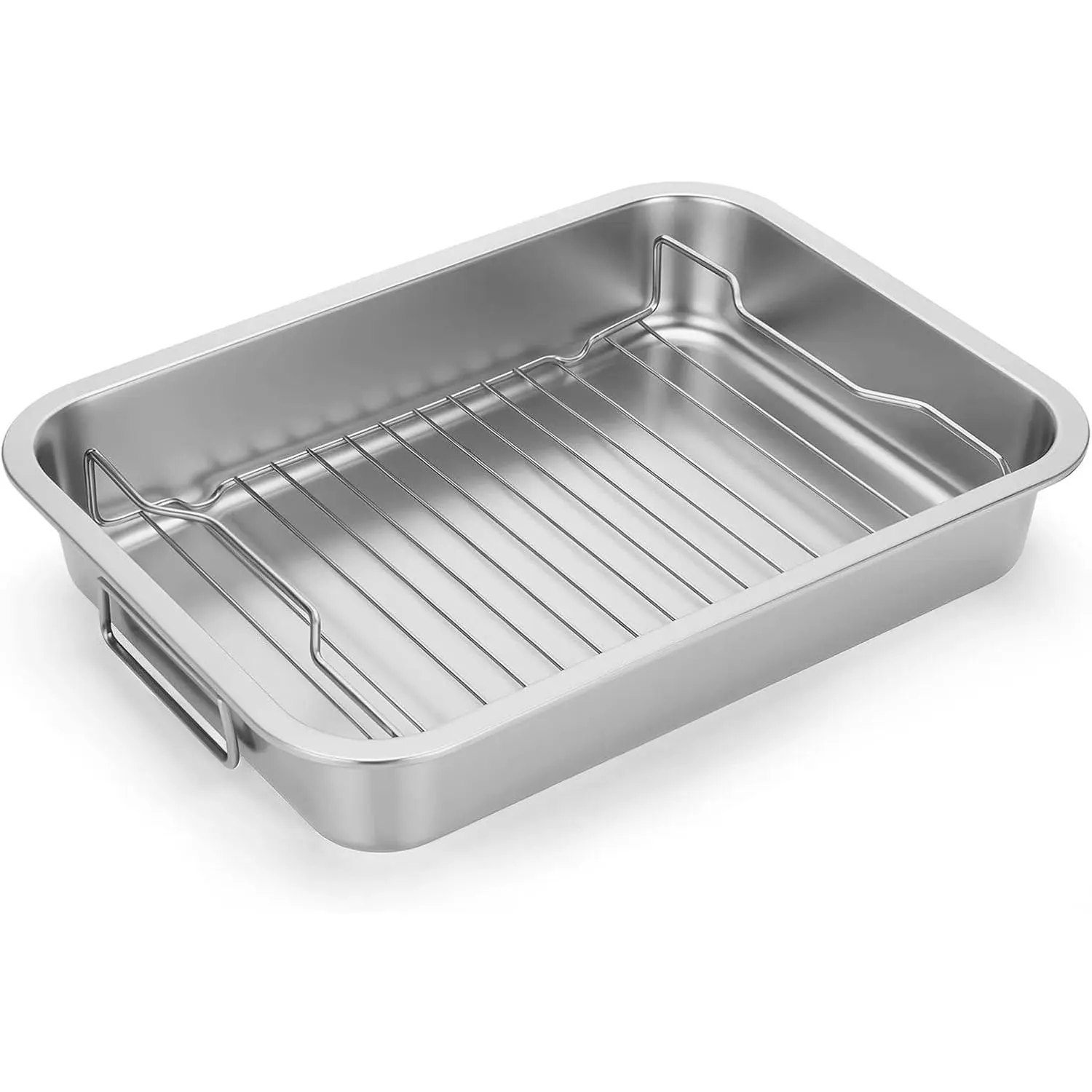 15.5-inch Stainless Steel Rectangular Baking Tray - Sturdy Pet Kitchen Bakeware with Rack, Handle, High Sides, Foil-Compatible, Easy to Clean for Christmas, Thanksgiving, Easter Oven Use