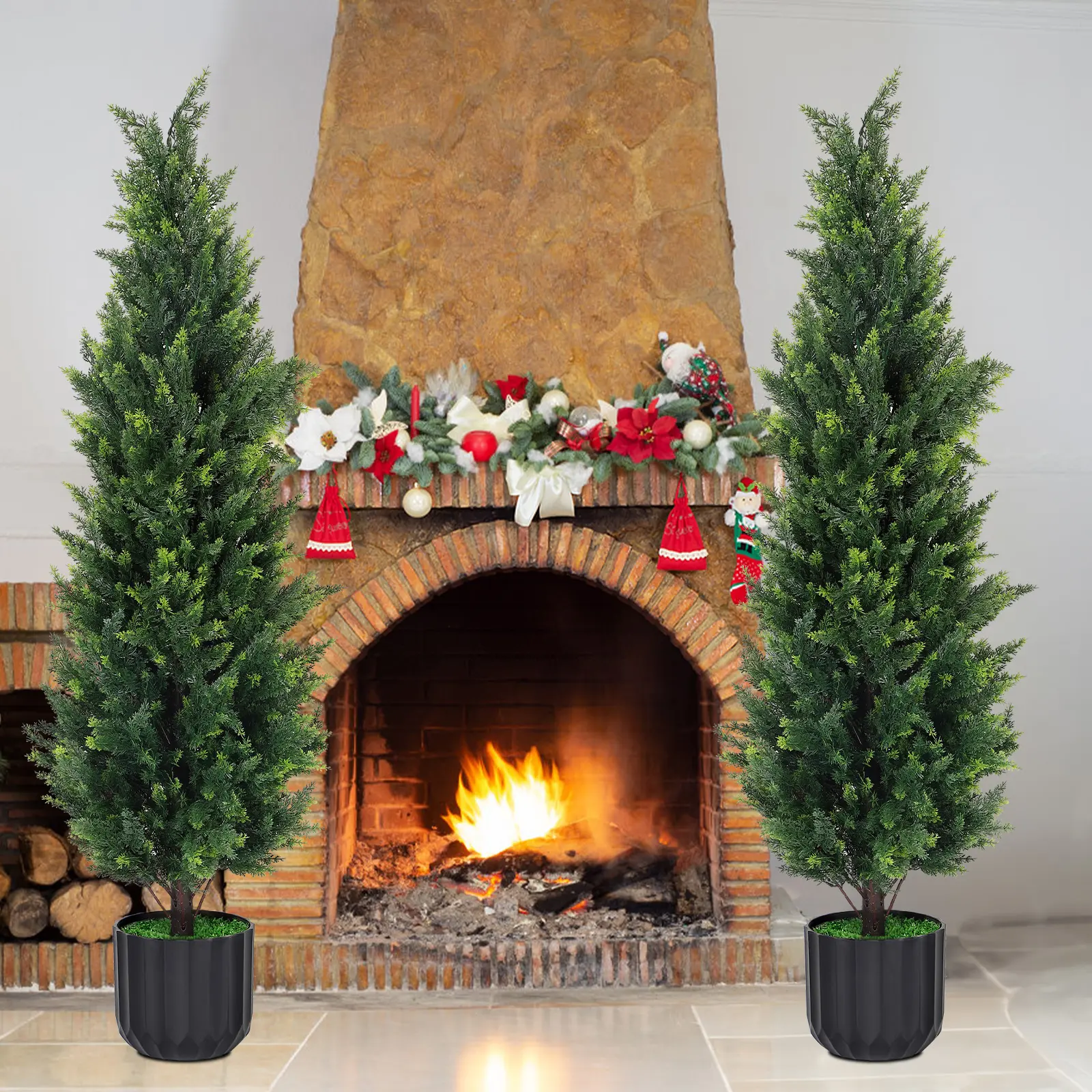 2-Pack Potted Artificial Cedar-Style Holiday Theme Christmas Trees, UV-Resistant, Indoors/Outdoors Use, Ideal for Front Porch, Living Room Home Decorations