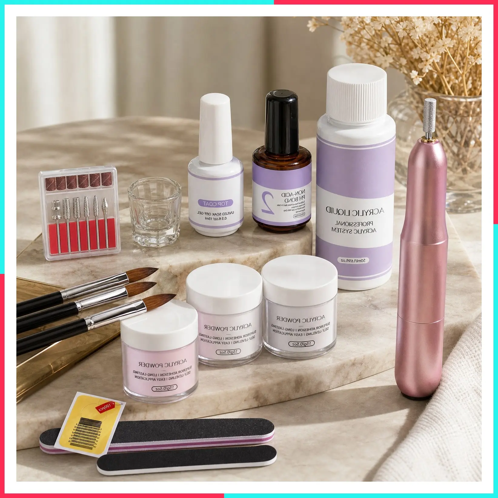 Acrylic Nail Kit with 20000 RPM Drill, Low Odor Self-Leveling Acrylic Powder and Liquid, 3 Colors (0.5 oz Each), Brushes & Tools for DIY Nail Extensions