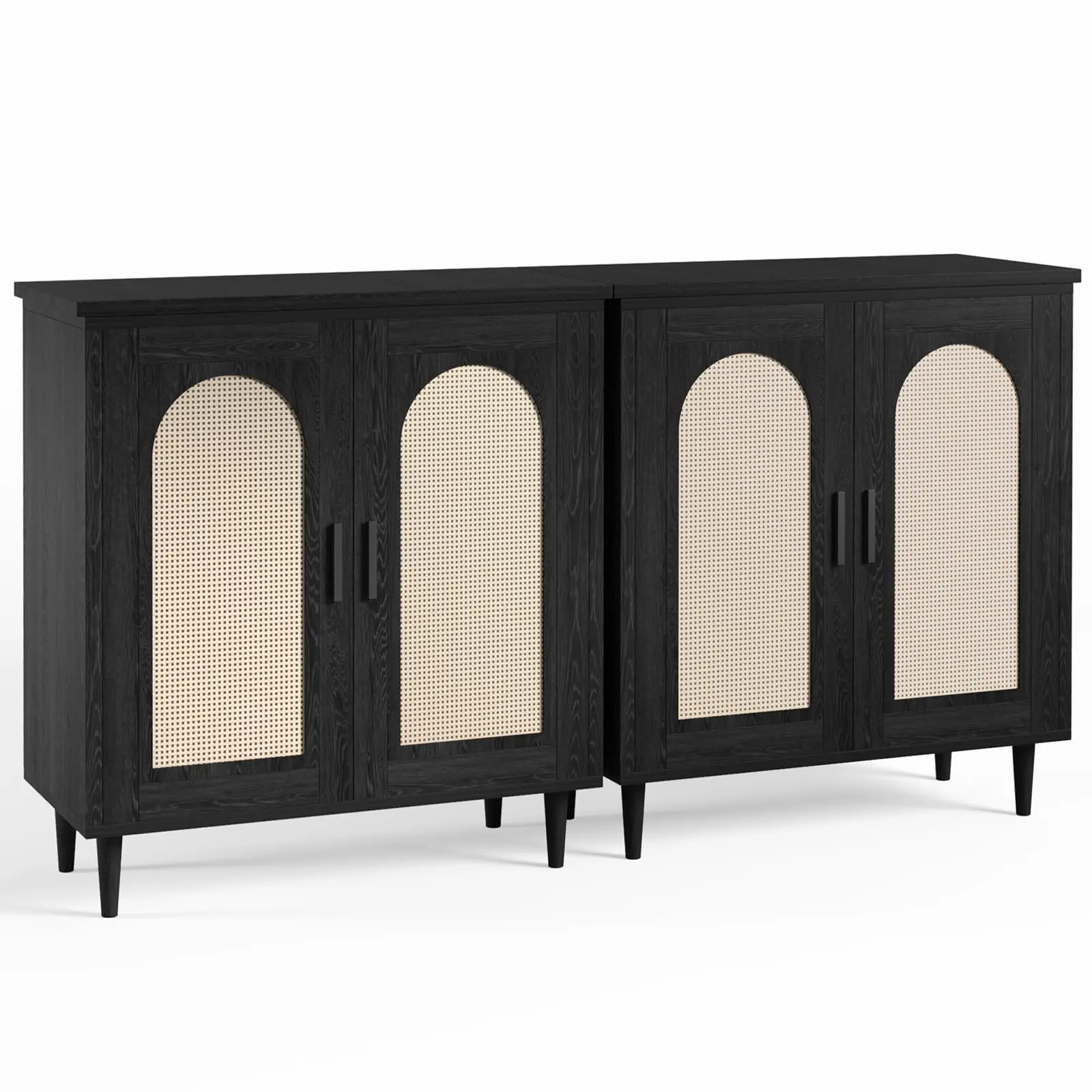 2PC Farmhouse Rattan Buffet Cabinet - Compact Sideboard with Adjustable Shelves, Single Door Accent Table