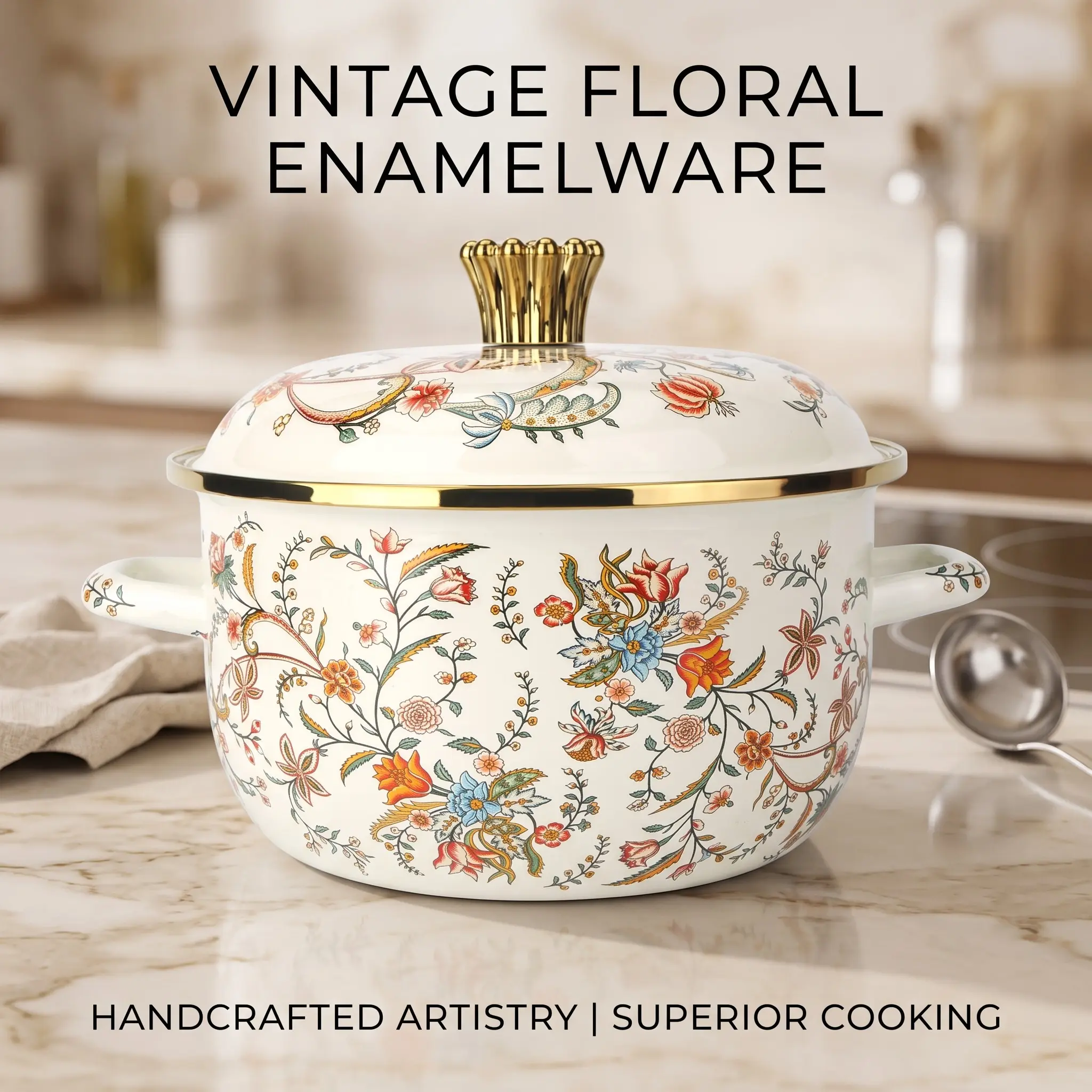 1pc Elegant Floral Enamel Pot, Thickened Dual Handle Soup Pot, Handmade Multifunctional Enamel Pot, Easy Clean Non-Stick Kitchen Cookware