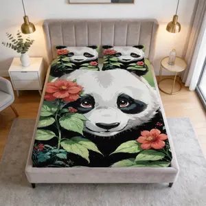 Panda Themed Printed Pattern Bed Sheet Set, 1 Bed Sheet With 2 Pillowcases (Excluding Pillow Core), Floral And Animal Bedding, Suitable For Bedroom Decoration For Music Enthusiasts