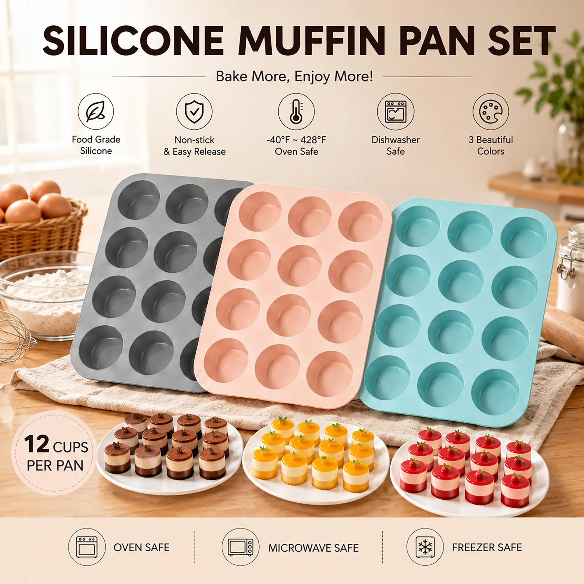 3-Pack Silicone Muffin Pans, 12-Cup Non-Stick Silicone Muffin Bake Molds, Oven-Safe, Suitable for Home and Restaurant Baking, Baking Pans Set, Silicone Muffin Cups, Home Baking Supplies