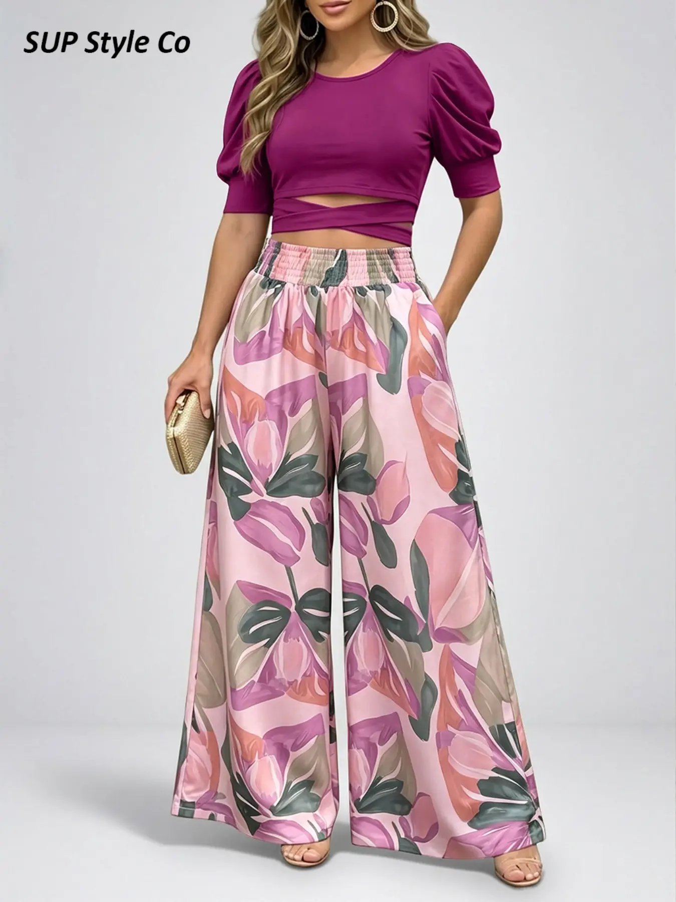 2 Piece Set: Bubble Sleeve Short Top + Tropical Print Wide Leg Pants, Vintage Romantic Style, Perfect for Vacation, Date Night, Casual