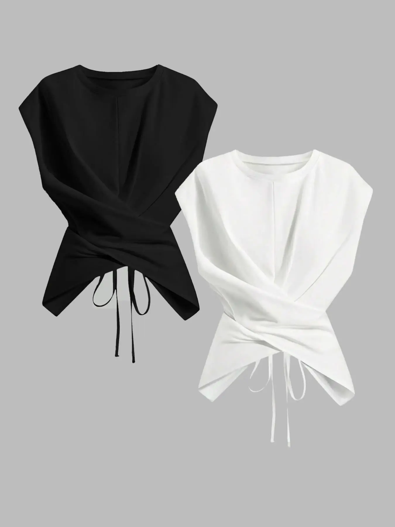 Summer Women's 2-Piece Solid Knit Round Neck Drop Shoulder T-Shirt Set, Fashion Casual Irregular Pleated Cross Hollow Back Tie Top