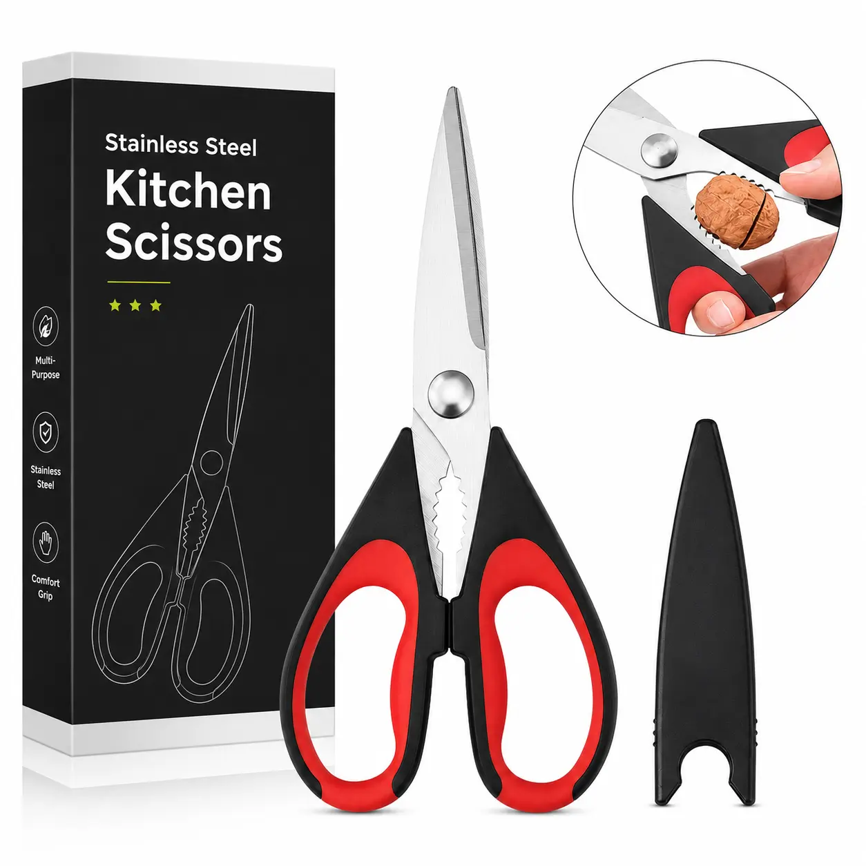 Heavy Duty Stainless Steel Camp Kitchen Scissors Set with Protective Sheath, Multi-Purpose Dishwasher Safe Food Prep Shears for Meat, Poultry, Portable Camping & Hiking Tool