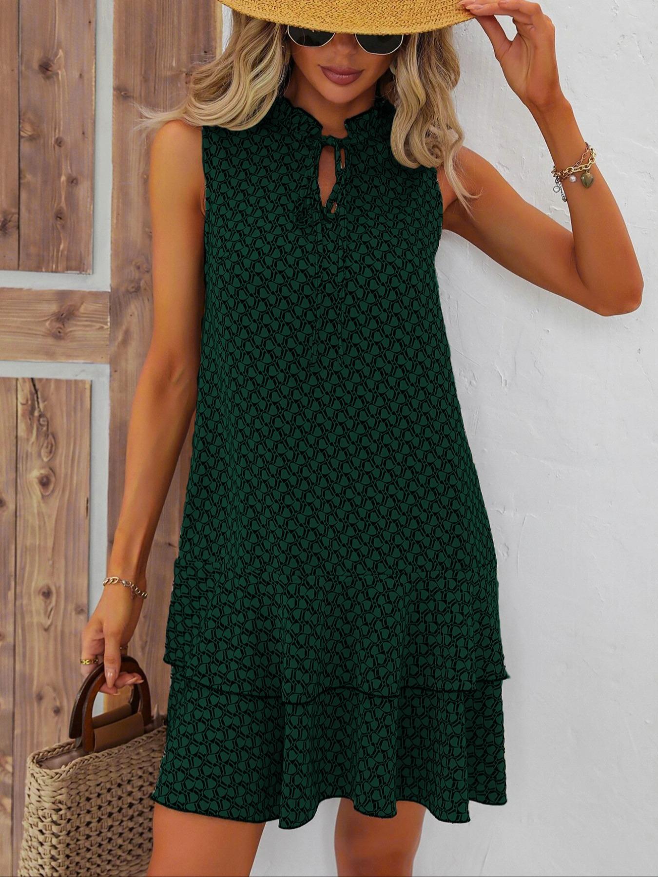 Women's Geometric Print Bow Tie Dress, Tiered Layer Cake Skirt, Casual Chic Feminine Spring Summer Wear, Fitted Short Sleeveless Design, Boho Summer Outfit