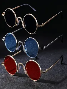 3 Pairs Retro Small Round Metal Frame Sunglasses, Hippie Style Colorful Lenses, Party and Role Play, Unisex, Bulk Set, Vintage Trendy Sunglasses