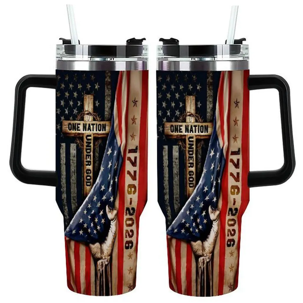 One Nation Under God 250th Anniversary Tumbler |   1776-2026 American Flag Christian Cross Insulated Stainless Steel Travel Cup |   Patriotic Faith Tumbler for Car |   4th of July Gift for Men Veterans
