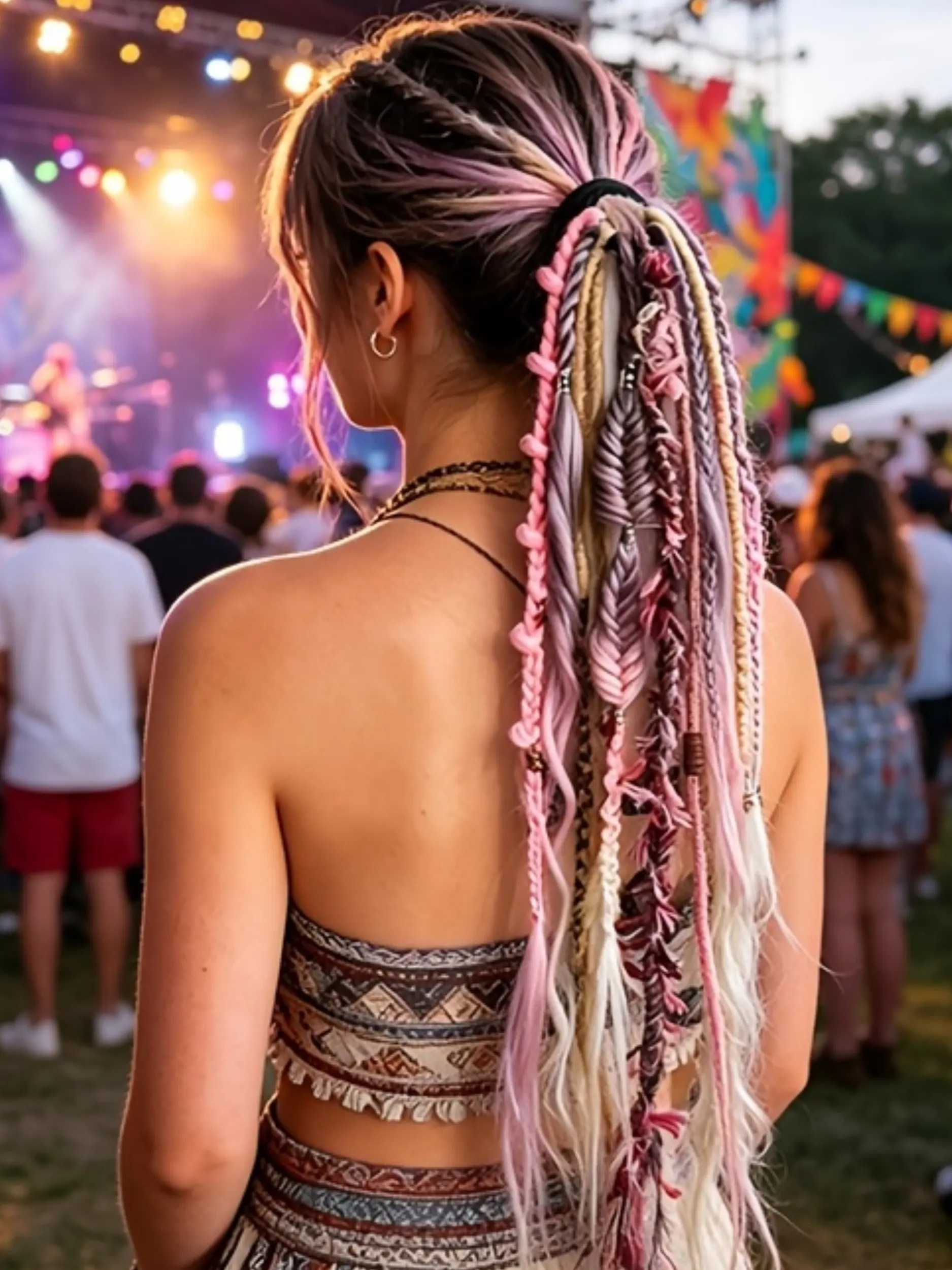 Women's Bohemian-Style Wig: Viking-Style Voluminous Ponytail Wig, hand-braided with various types of twisted braids and an elastic band; a colorful, hippie-style hair accessory suitable for holidays, role-playing, and everyday wear