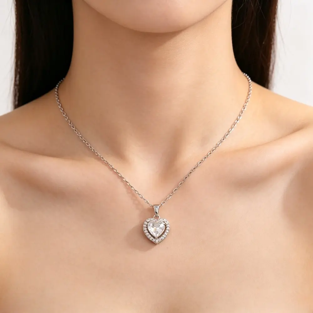 Sweet Cool Pink Cubic Zirconia Heart Necklace & Ring Set, Korean Ins Influencer Style Dainty Collarbone Chain, Versatile Cute Fashion Jewelry for Daily Wear & Gifting