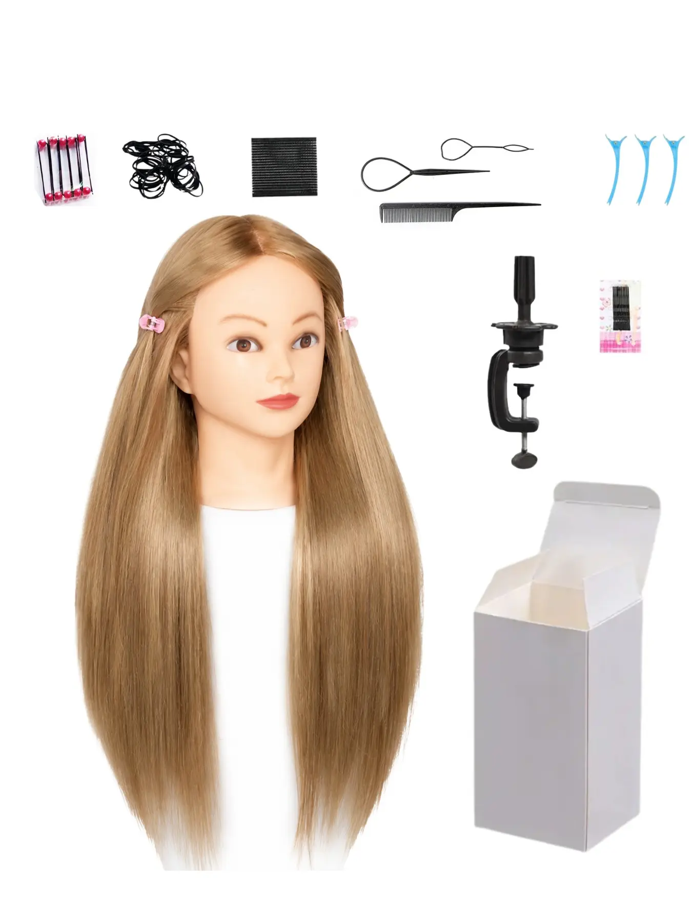 26 Inch Brown Synthetic Hair Mannequin Head with Clamp Stand & Full Hair Styling Tools Set. Soft straight fiber hair for braiding, cutting practice, ideal for hairdresser students, salon beginners, comes with exquisite gift box.