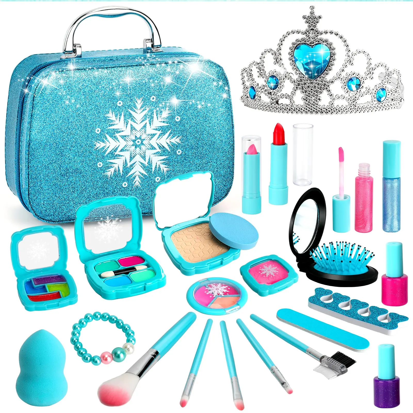 25 PCS Frozen Kids Makeup Set Playset with Princess Crown, Blue Safe Non-Toxic Washable Real Cosmetic Toy for Little Princess, Pretend Play Beauty Roleplay Toys, Best Christmas Birthday Toy Bundles Gift for Girls Ages 3 4 5 6 7 8 9 10 11 12
