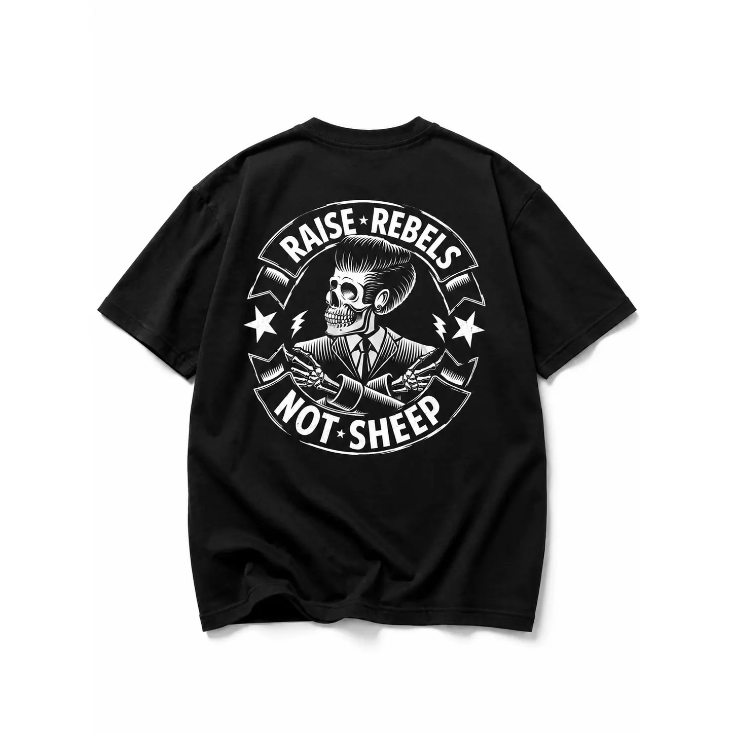 Raise Rebels Not Sheep Graphic T-Shirt, Men's Casual Short Sleeve Punk Rock Top with Vintage Greaser Skull Back Print, Tshirt, Shortsleeve, Hand Wash, Round Neck, All Seasons, Medium Length, Menswear, Skull Graphic