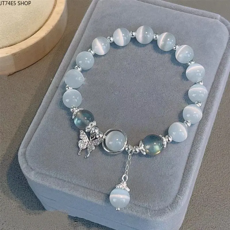Niche Ins Style Imitation Opal Blue Moonstone Bracelet with Peace & Joy Pendant, Dainty Wrist Jewelry Gift for Women, Girlfriends & Students