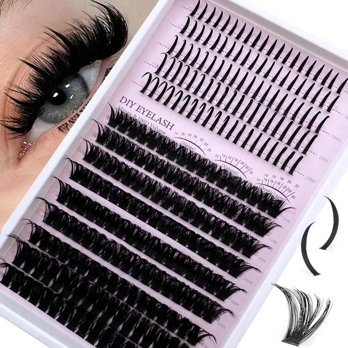 80D 100D Curly D-Curly Eyelash Cluster+Fairy Hair Kit Russian Eyelash Nails Extended Individual 12-20MM DIY Extended Eyelash Nails, 2 Styles Eyelash Clusters, DIY False Eyelashes, Diy Eyelash Extensions