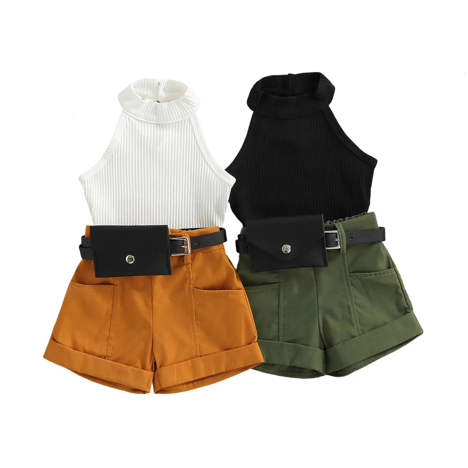 Toddler Baby Little Girls 3PCS Summer Outfits Sleeveless Halter Tops + Shorts + Waist Bag Set 6M-4T