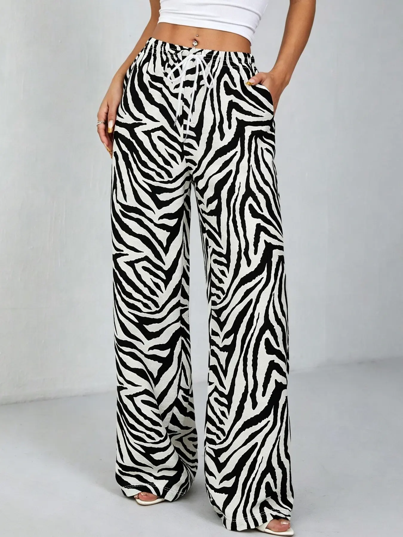 Women's Zebra Print Drawstring Wide Leg Pants, Elastic Waist with Pockets, Casual Elastic Waisted All-Season Comfortable Fashion, Daily Wear, Casual Summer Bottoms