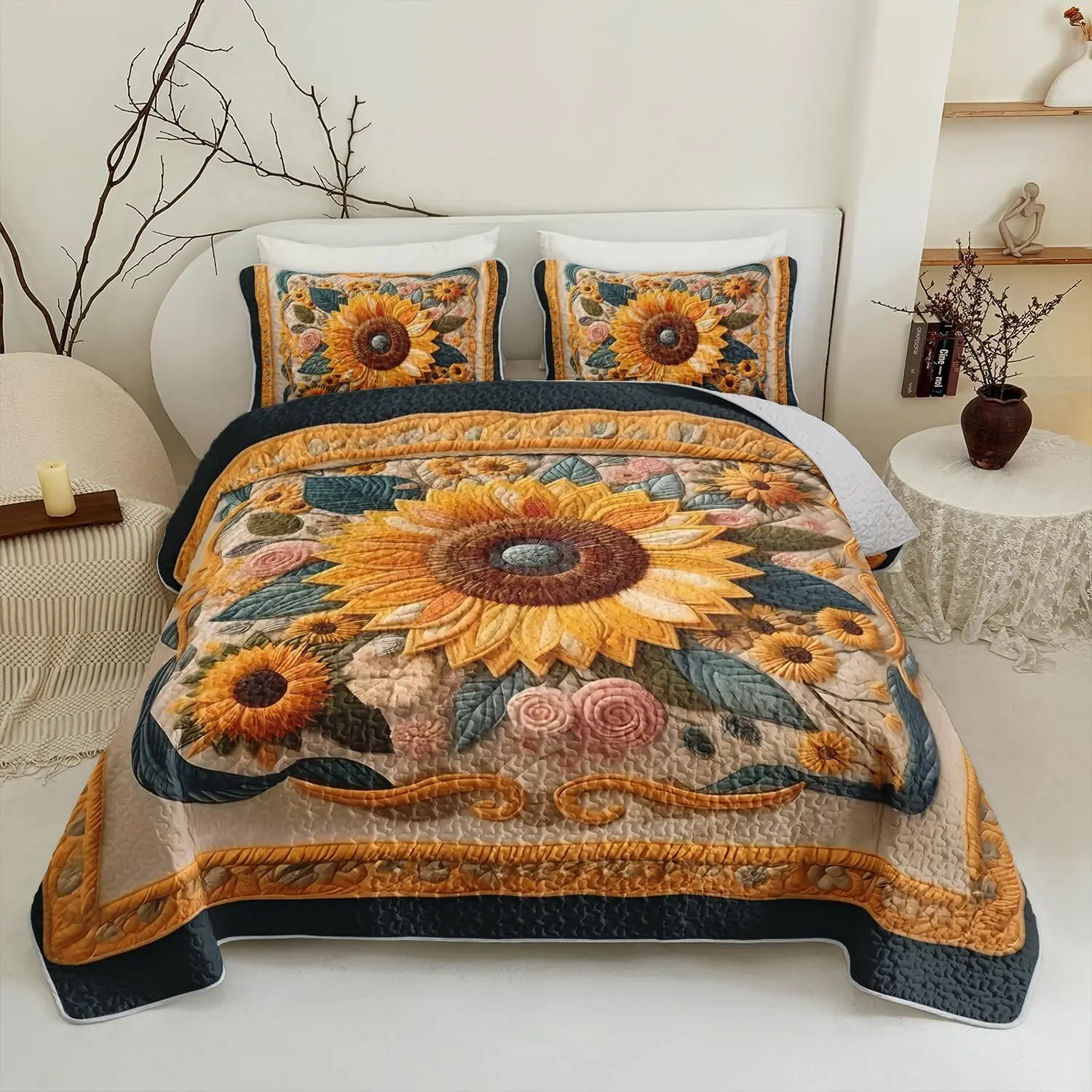 Queen Size Polyester Sunflower Quilt Set - Vintage Floral Lifelike Print Bedspread, Yellow Bedding for Girls' Room Decor