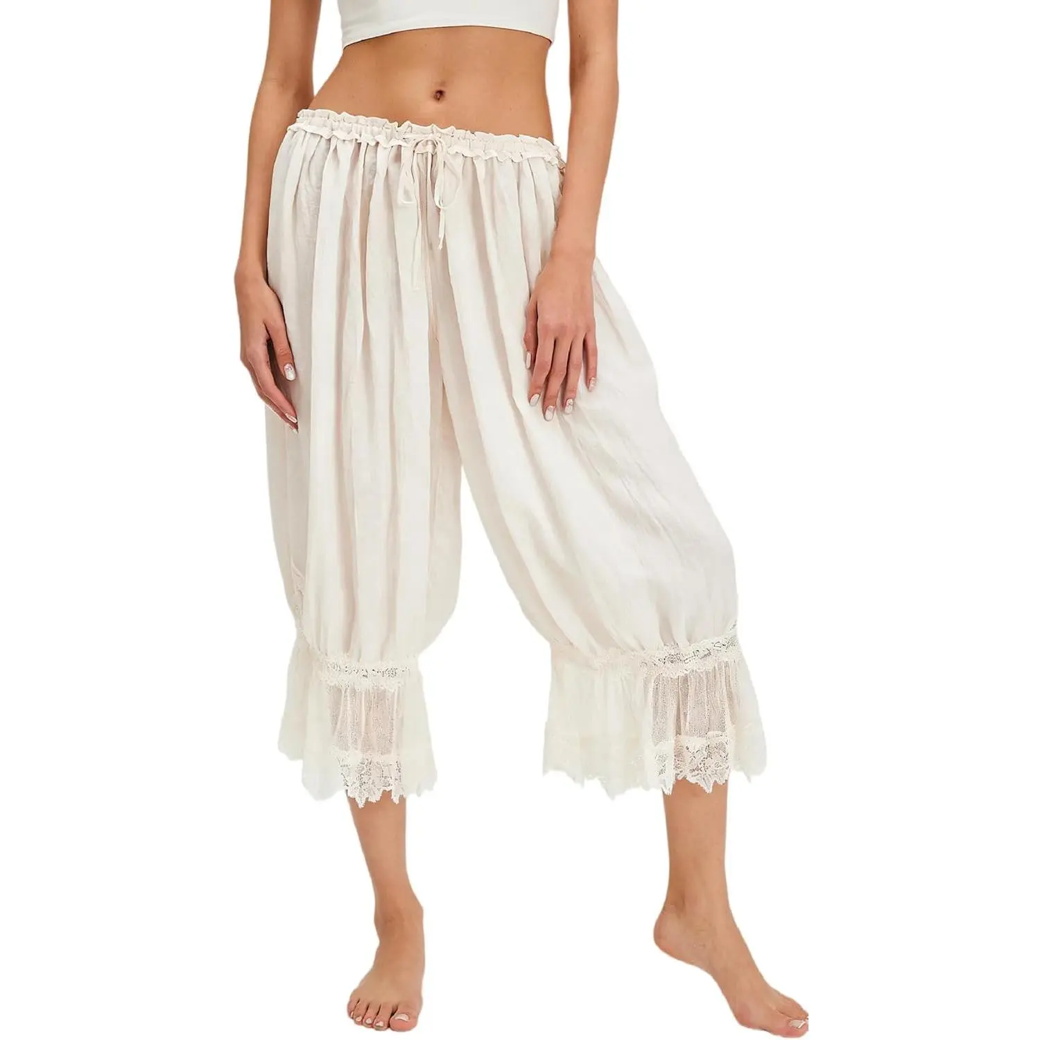 Women Ruffle Long Bloomer Y2k Lace Trim Pettipants Pantaloons Mid Rise Cropped Pajama Pants Under Dress SlipsGift