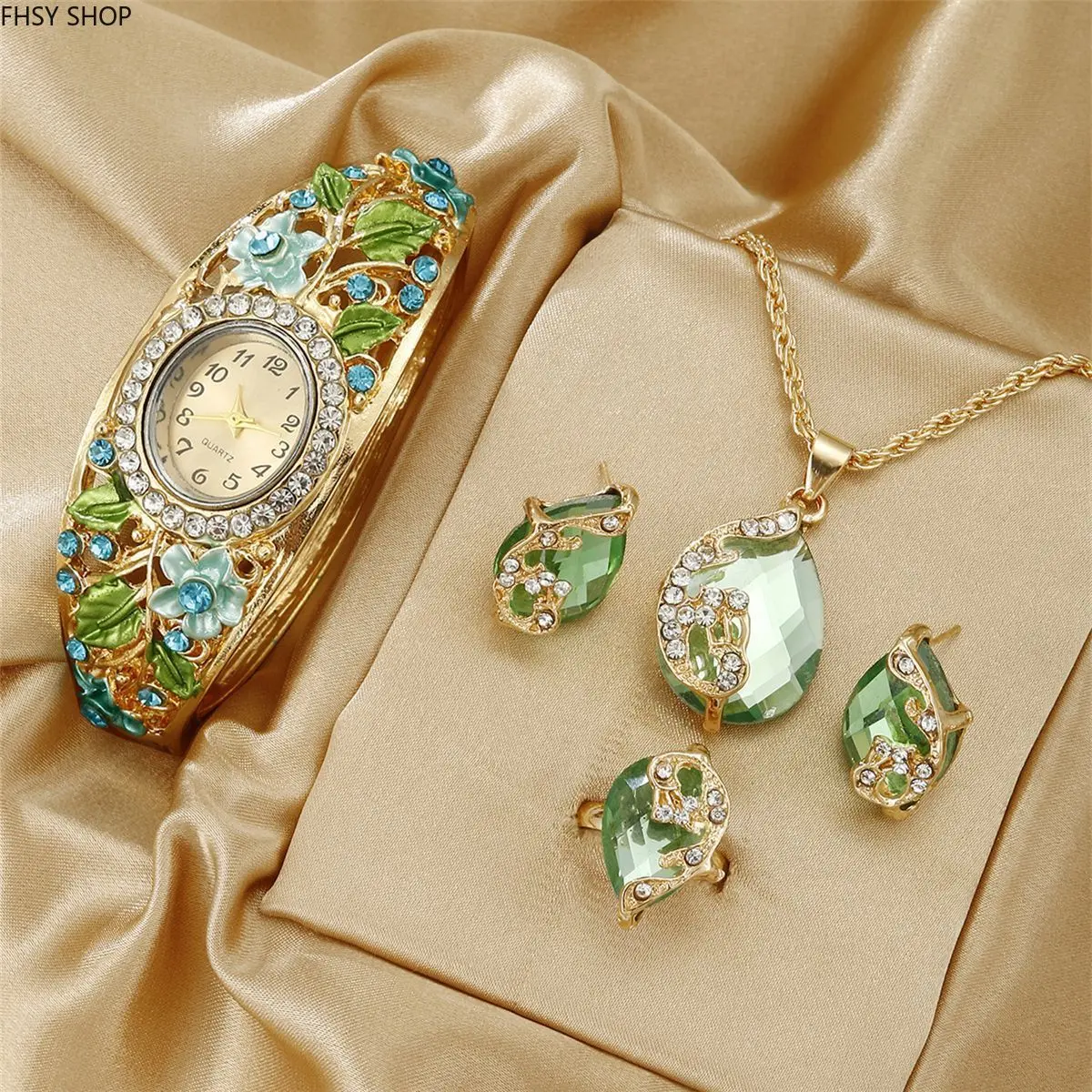 Fashion accessories | Rising retro gold floral crystal watch and jewelry set | Underrated elegant green gem necklace, earrings, ring & watch | Enamel flowers + sparkling rhinestones, polished finish, ideal for bridal events, prom nights and date nights