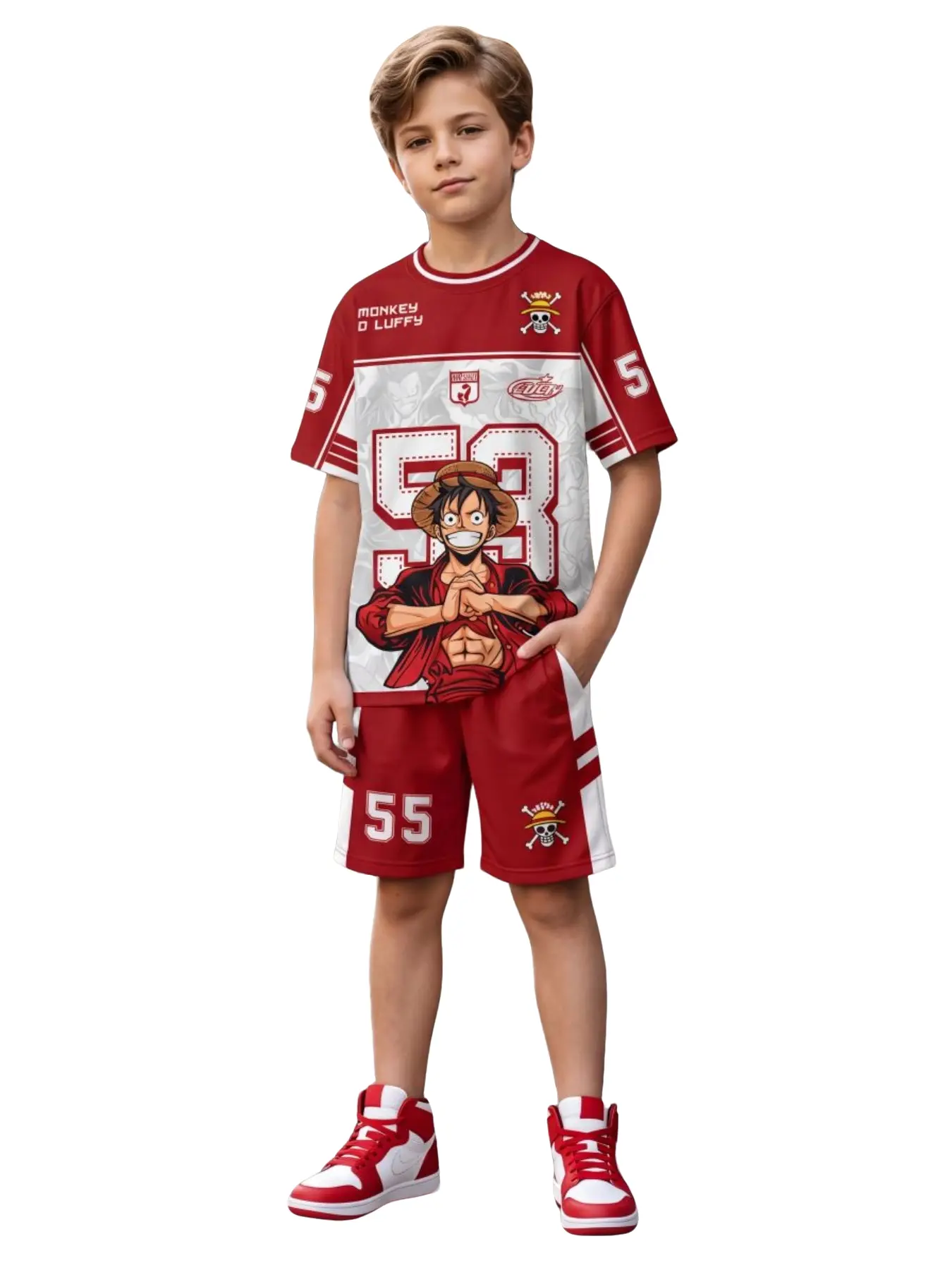 Authentic One Piece Luffy Kids Sports Jersey Set, Sporty Tee Set, Boys Quick Dry Short Sleeve T-Shirt Shorts Outfit, Straw Hat Pirates 3D Print Summer Activewear, Casual Sport Uniform For 4-14 Years Old Boys, Outdoor Daily Wear