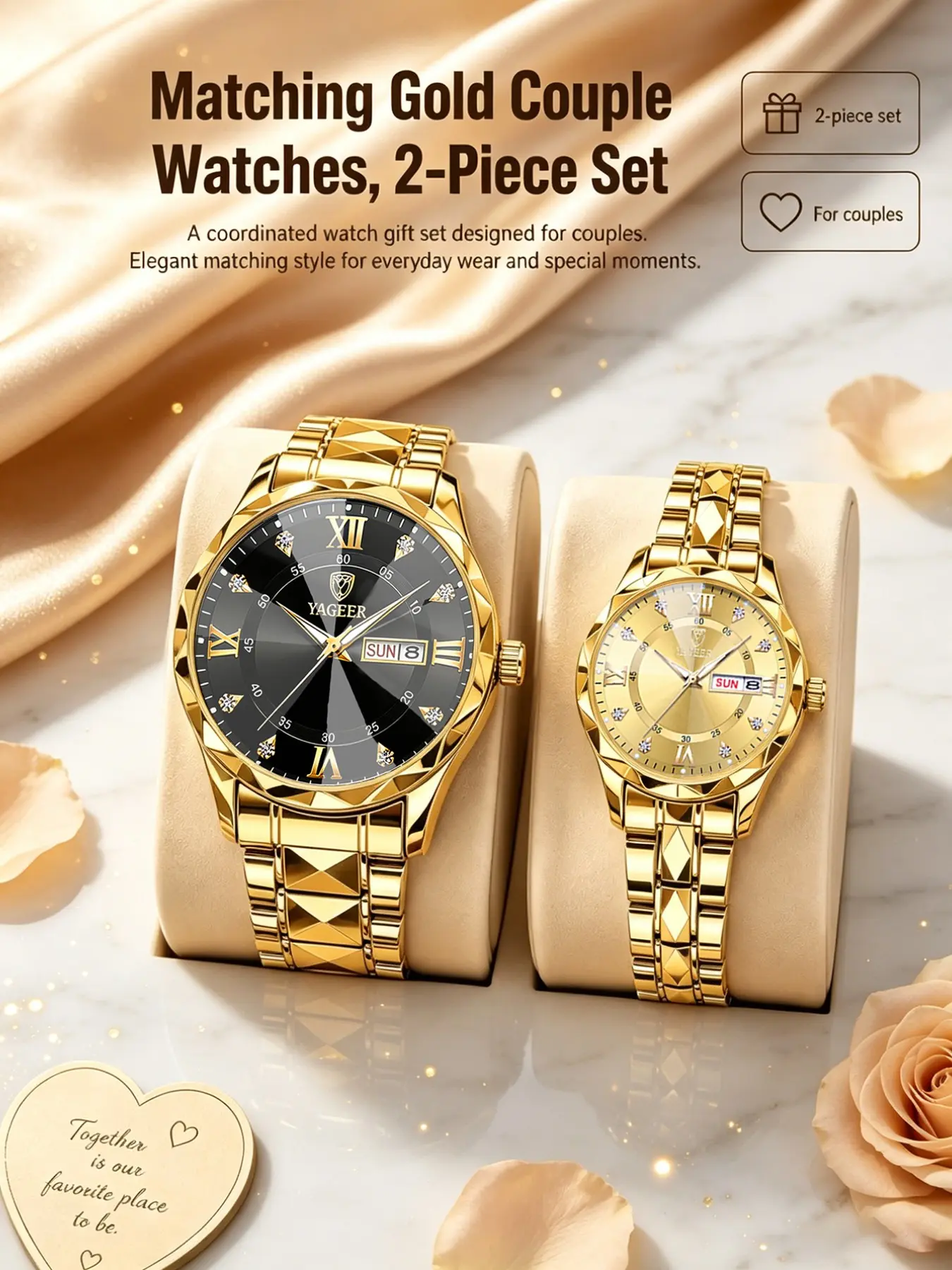 Couple Watch Set, Roman Numerals, Independent Date Display, Night Light, Quartz Analog Watch, Stainless Steel, Business Style, Perfect Gift