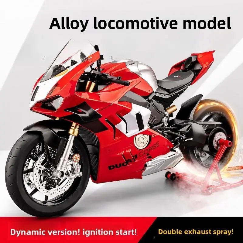 High-precision 1:6 alloy motorcycle model, simulating Ducati V4R design, with detailed realism, capable of spray sound effect, suitable for collection and playing. It has strong metallic texture and is suitable for both gift-giving and personal use.