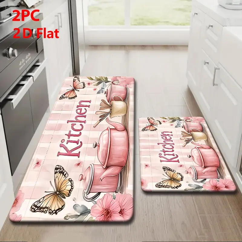 2/3pcs Flannel Kitchen Mat Set, Kitchen Floor Mats, Checkered, Butterfly & Flower Design, Non-Slip, Absorbent, Home Decor