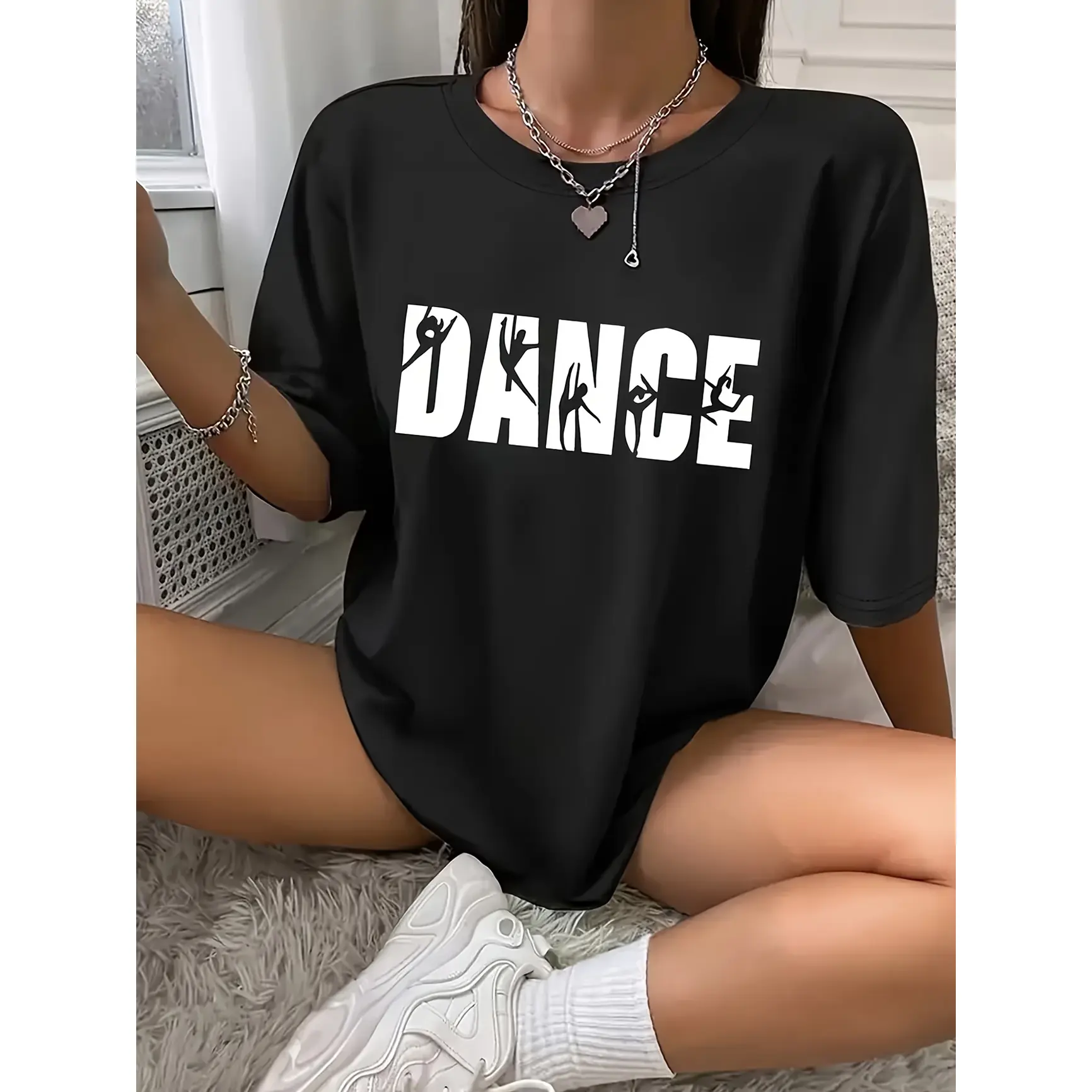 DANCE Varsity Letter Hidden Ballet Dancer Silhouette Graphic Cotton T Shirt, Cute Fashion Comfort Short Sleeve Outfit, Perfect Valentine’s Day Gift For Lover Family Friends, Best Holiday Present For Dancers Casual Daily Top