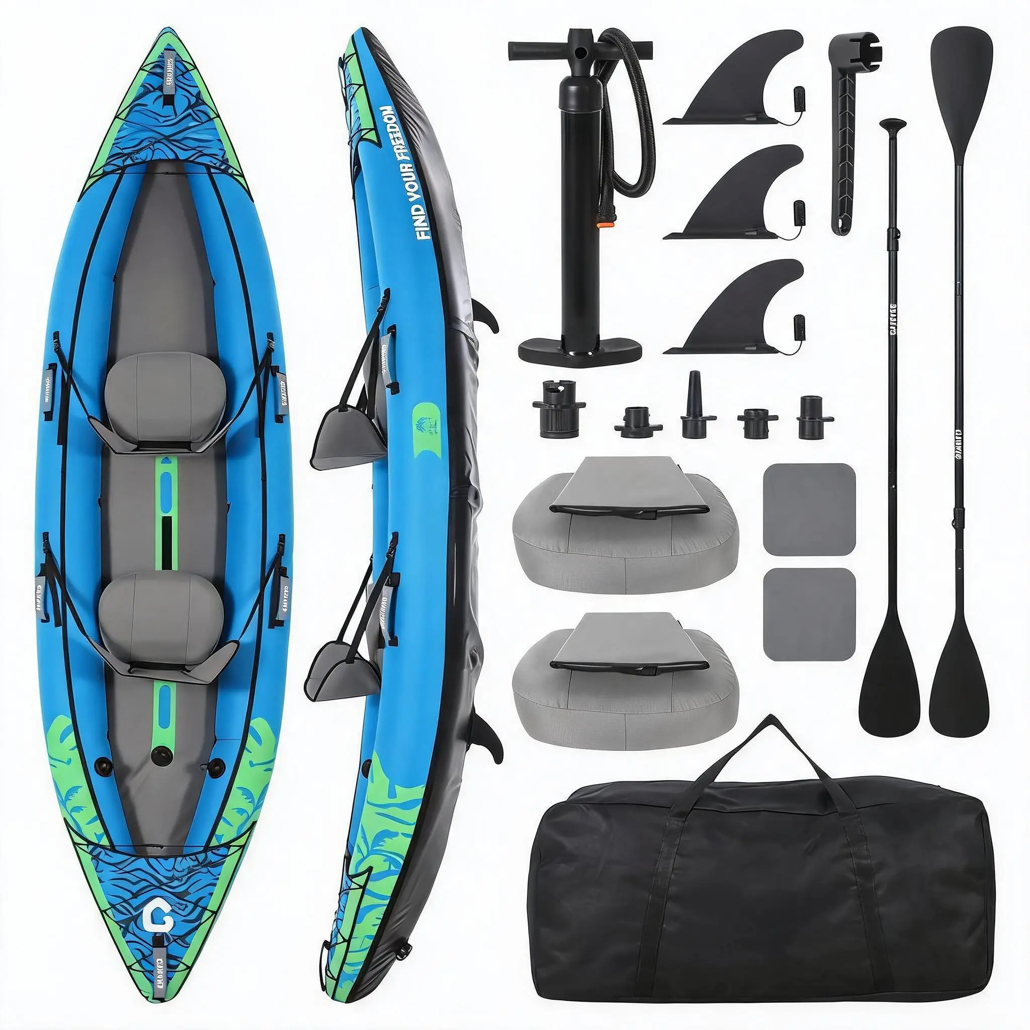 2 Person Inflatable Kayak, 12.5 FT Drop-Stitch Hull. 450 LB Capacity, Includes Paddles & Pump. Portable Fishing Kayak for Adults, Pets. Puncture Resistant, Stable. For Lake, River, Ocean. Carry Bag Included