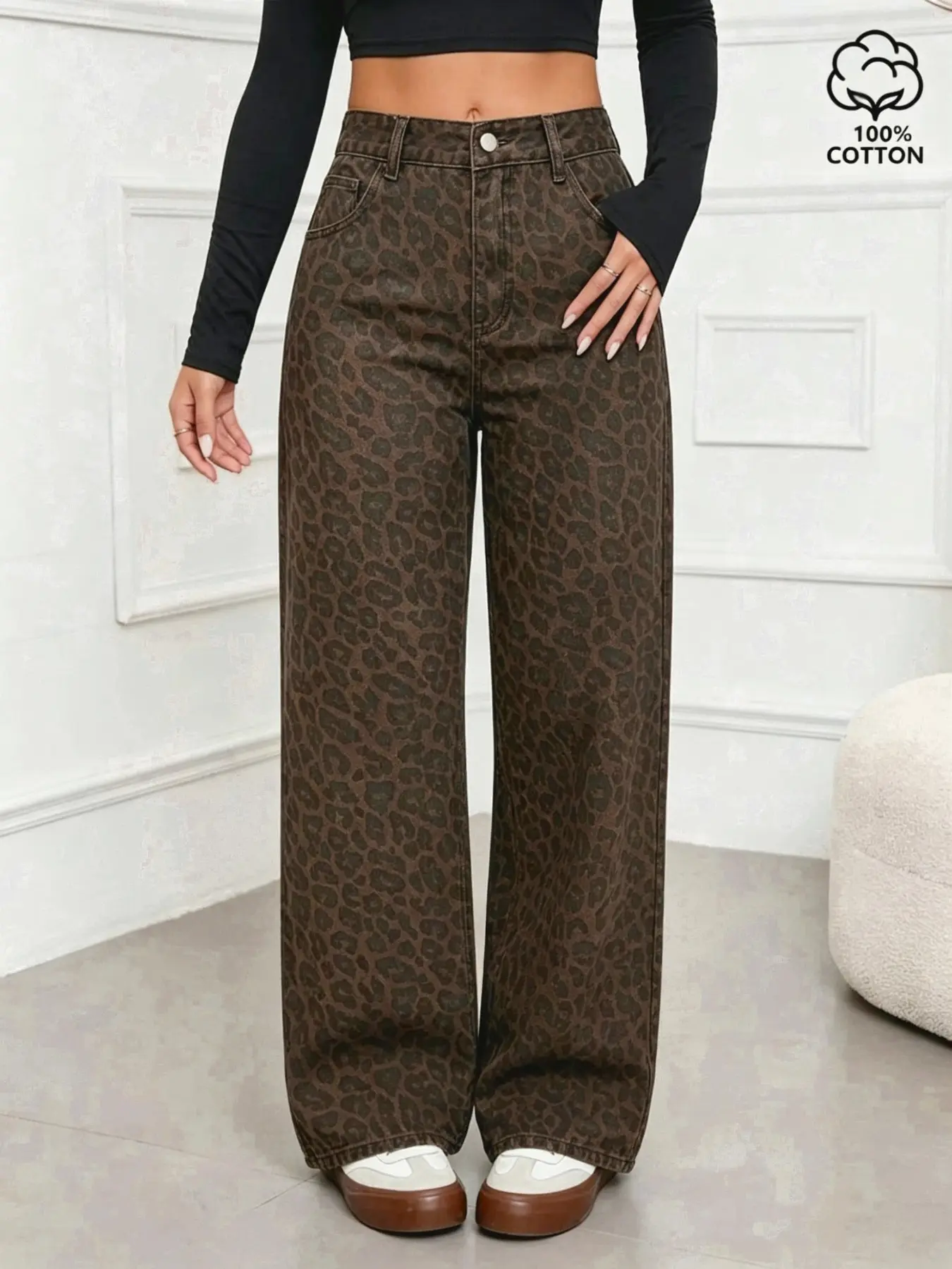American Vintage Leopard Print Straight Leg Jeans for Women, Casual Denim, Mid-Waist Loose Fit, Distressed Wash, Street Style, Spring Fall Fashion