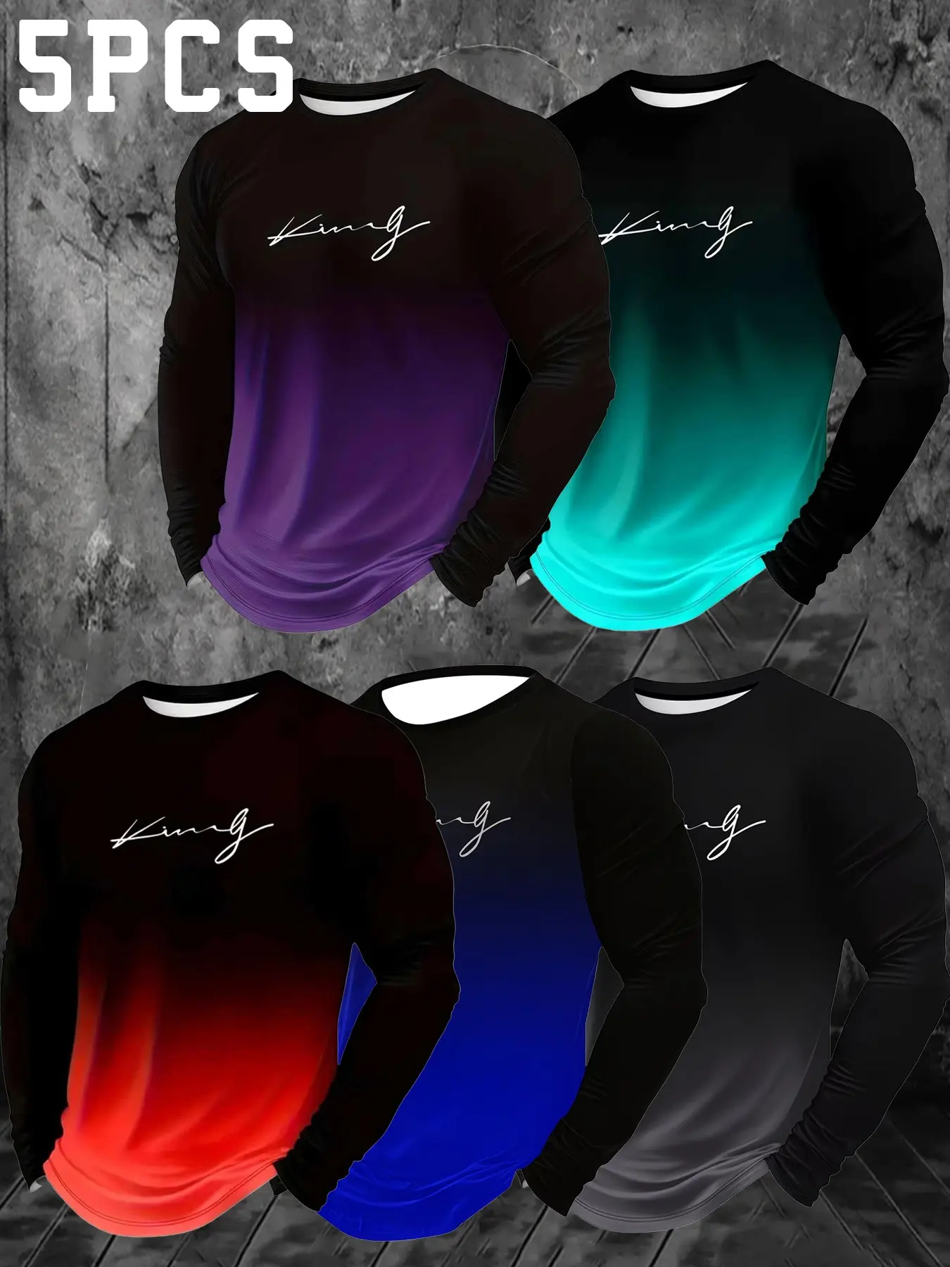 5-Pack Men's Sport Dry Fit Active Long Sleeve T-Shirts, Gradient Color Breathable Quick-Dry Top, Casual Fashion, Perfect Gift for Holidays