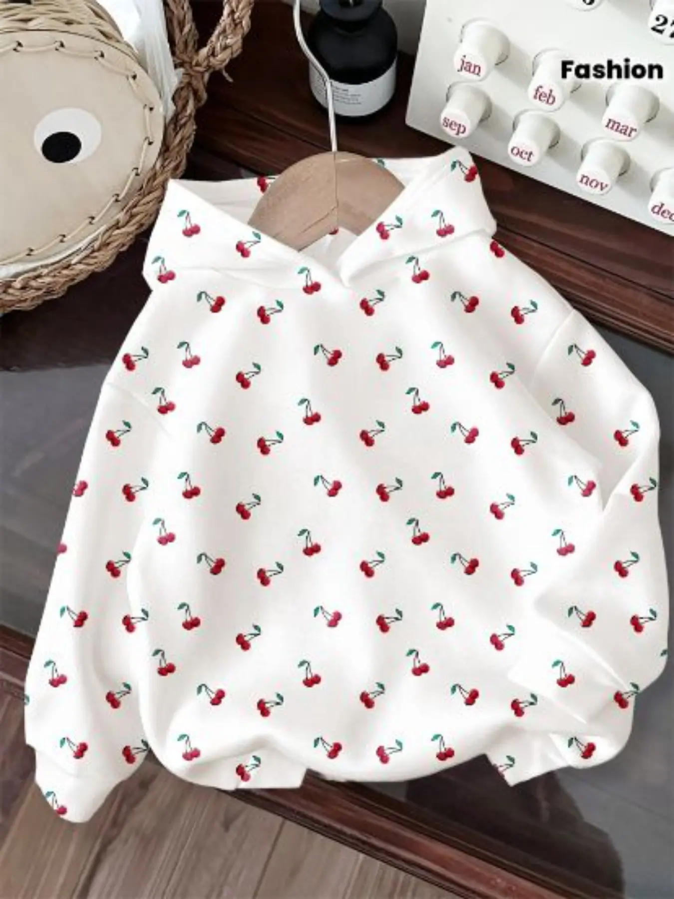 Girls' Spring/fall Hooded Long Sleeve Cute Cartoon Cherry Pattern Fashion Sweatshirt, Perfect for Outdoor Play, Loose-Fitting