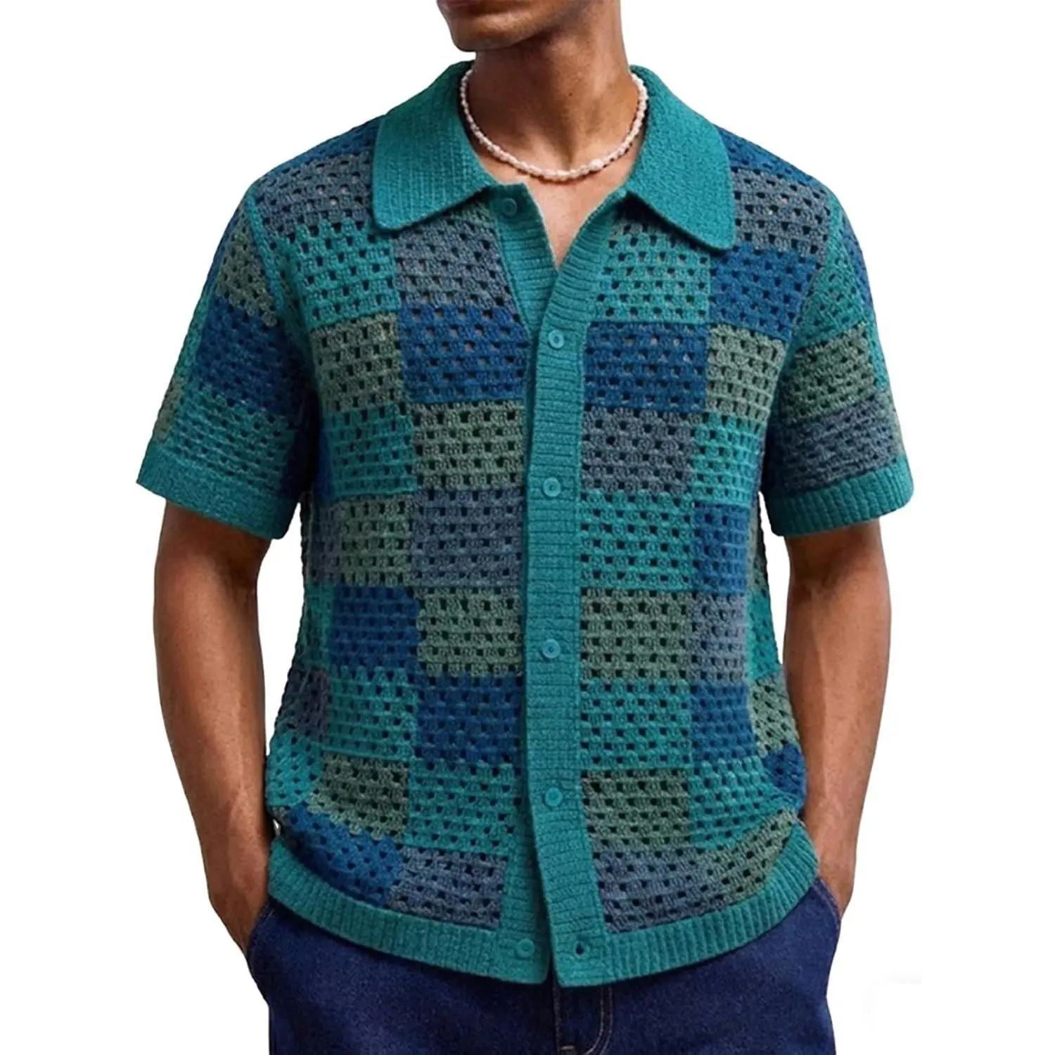 Men’s Crochet Knit Short-Sleeve Shirt - Breathable Openwork, Simple Minimalist Menswear for Casual Beach Wear
